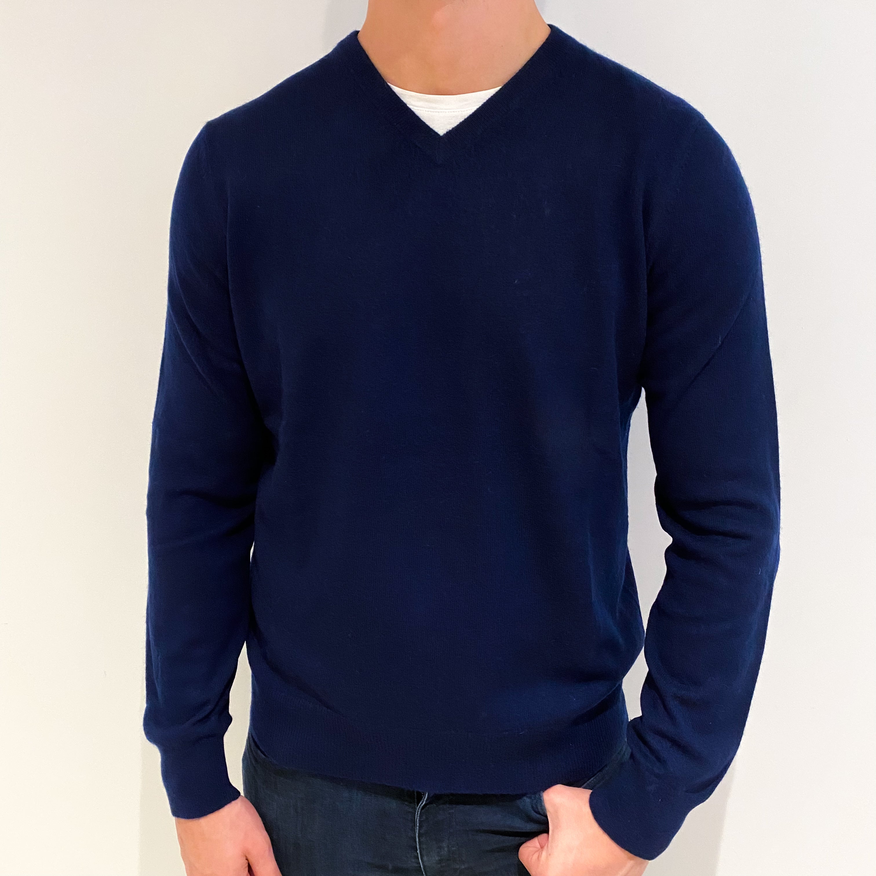 Men's Navy Cashmere V Neck Jumper XL