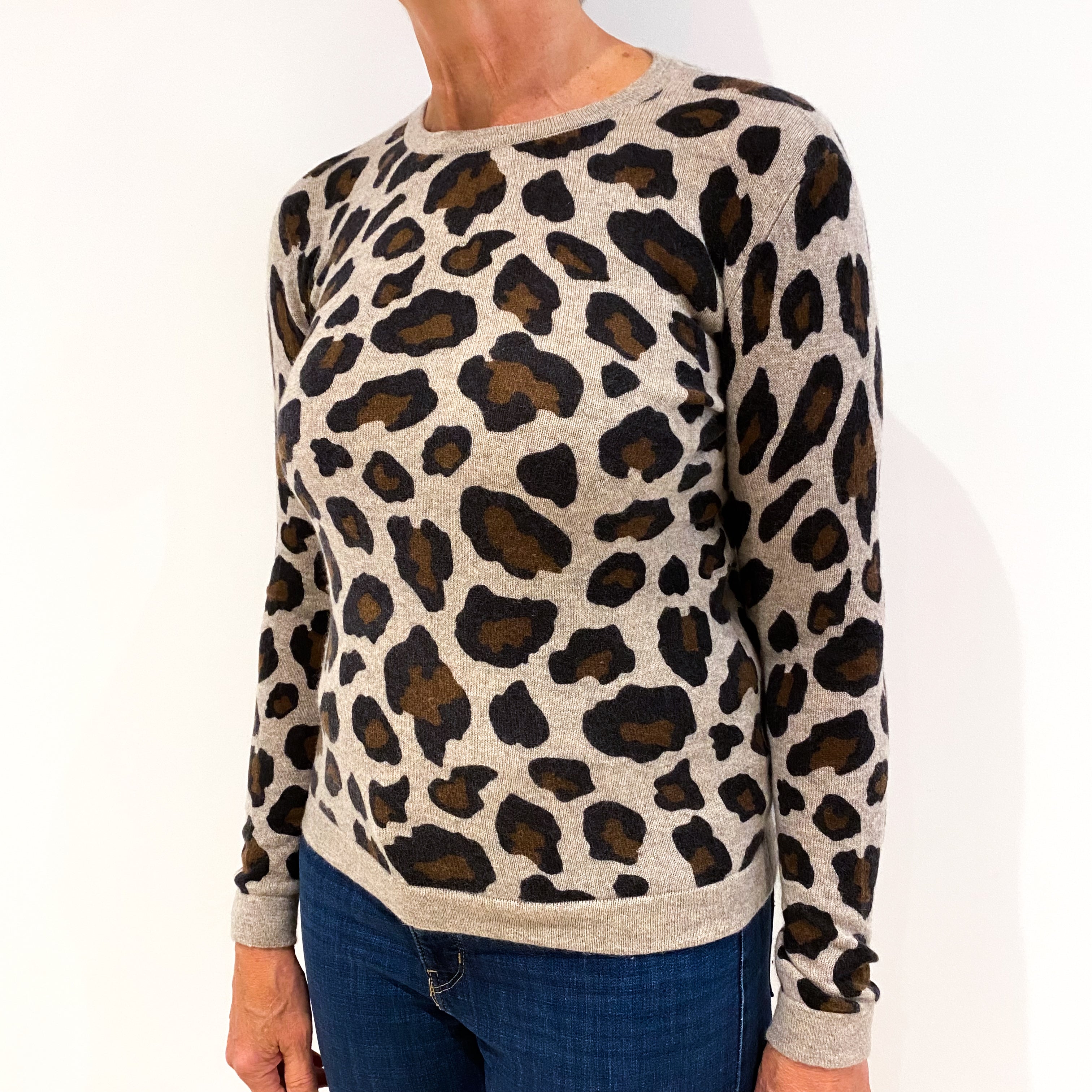 Fawn Brown and Grey Leopard Print Cashmere Crew Neck Jumper Medium