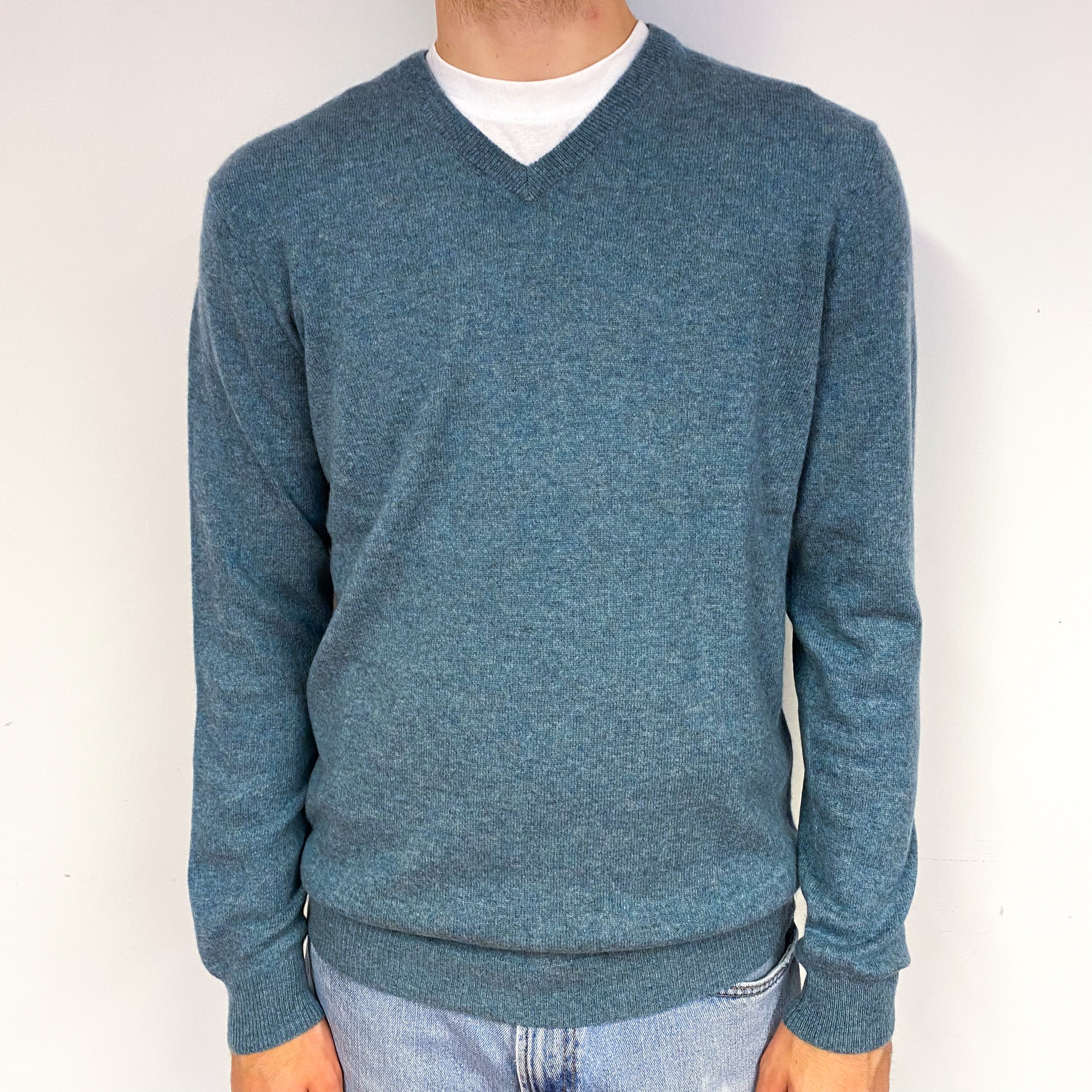 Men's Dark Duck Egg Blue Cashmere V-Neck Jumper Large