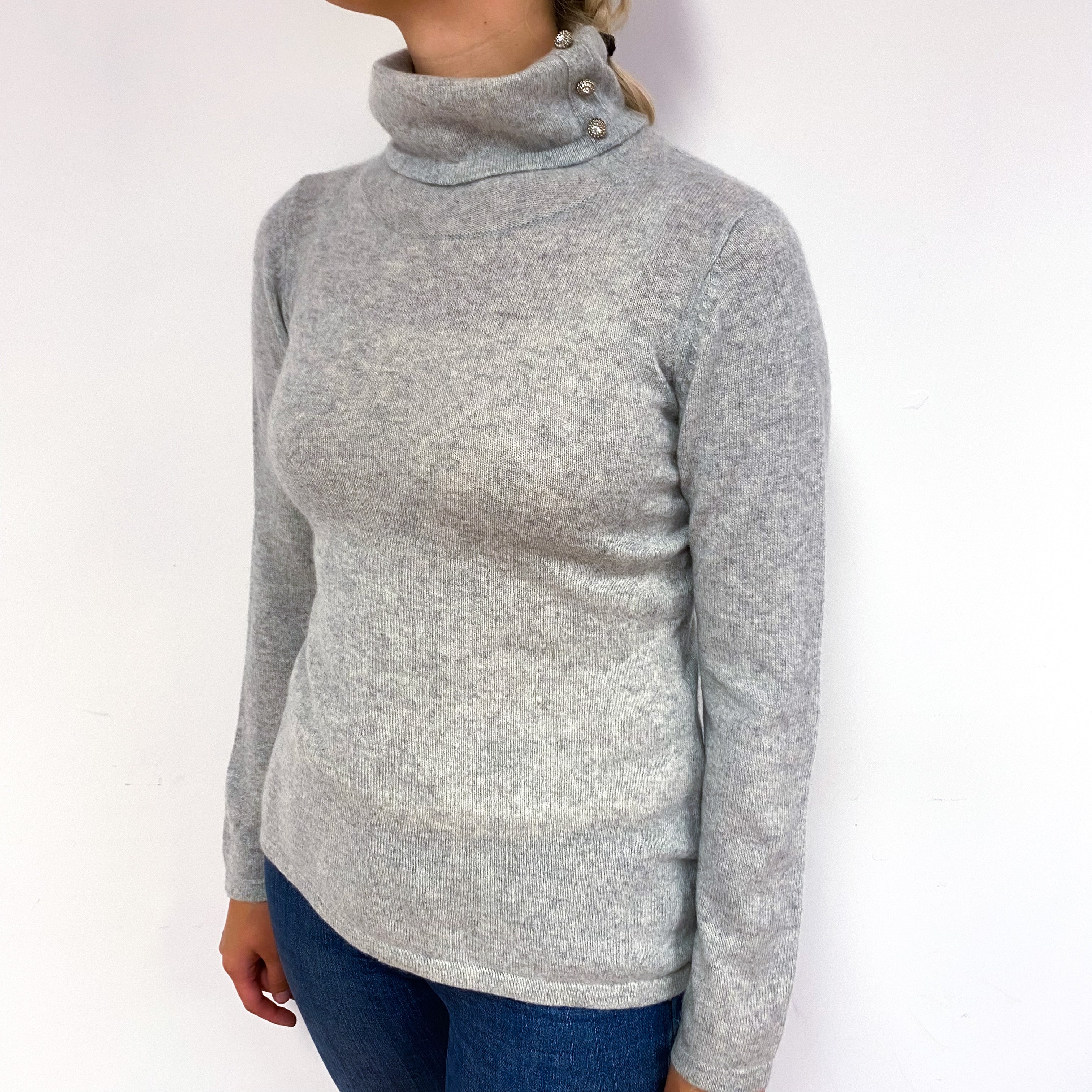 Smoke Grey Cashmere Diamanté Button Polo Neck Jumper Small