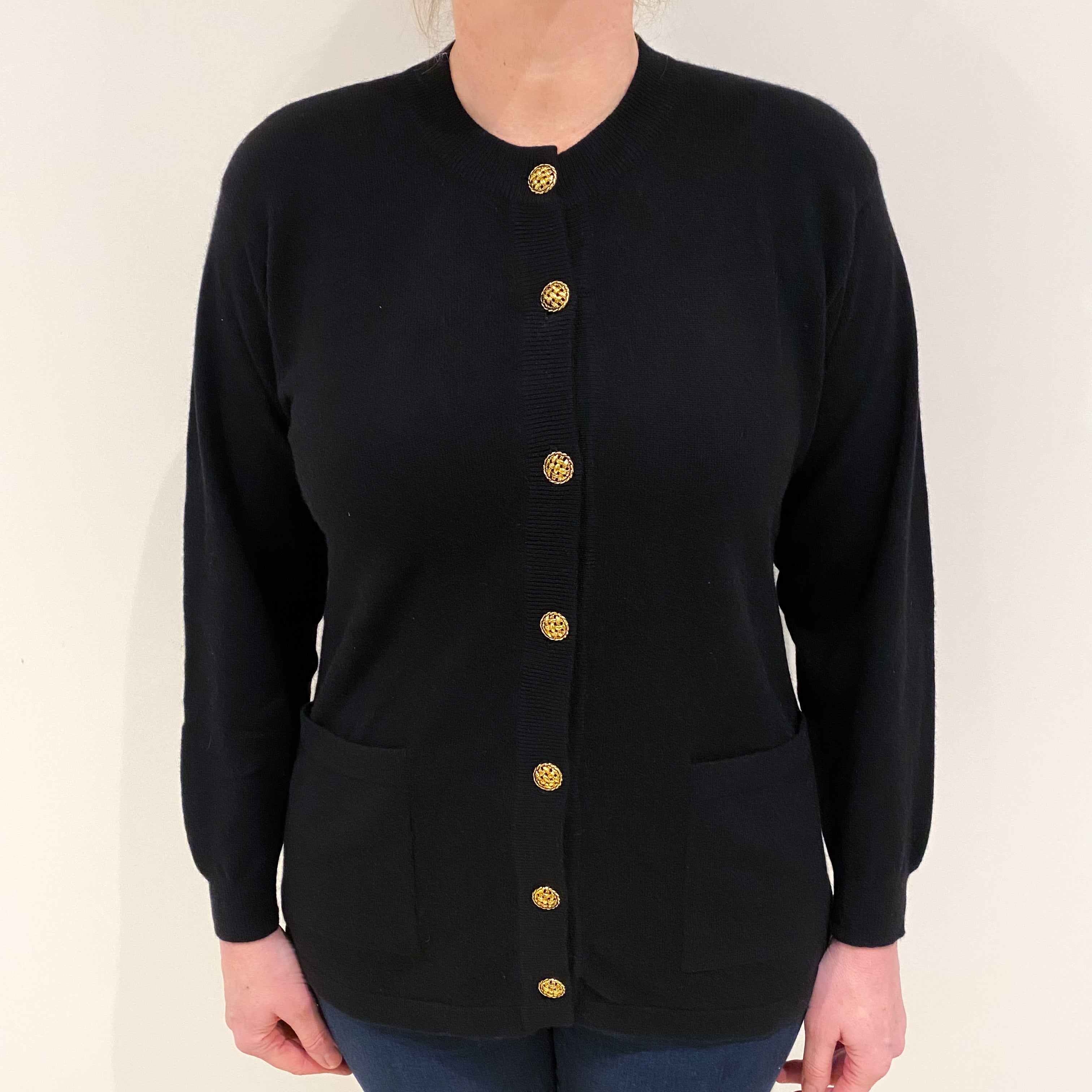 Black Cashmere Crew Neck Cardigan with Pockets Large