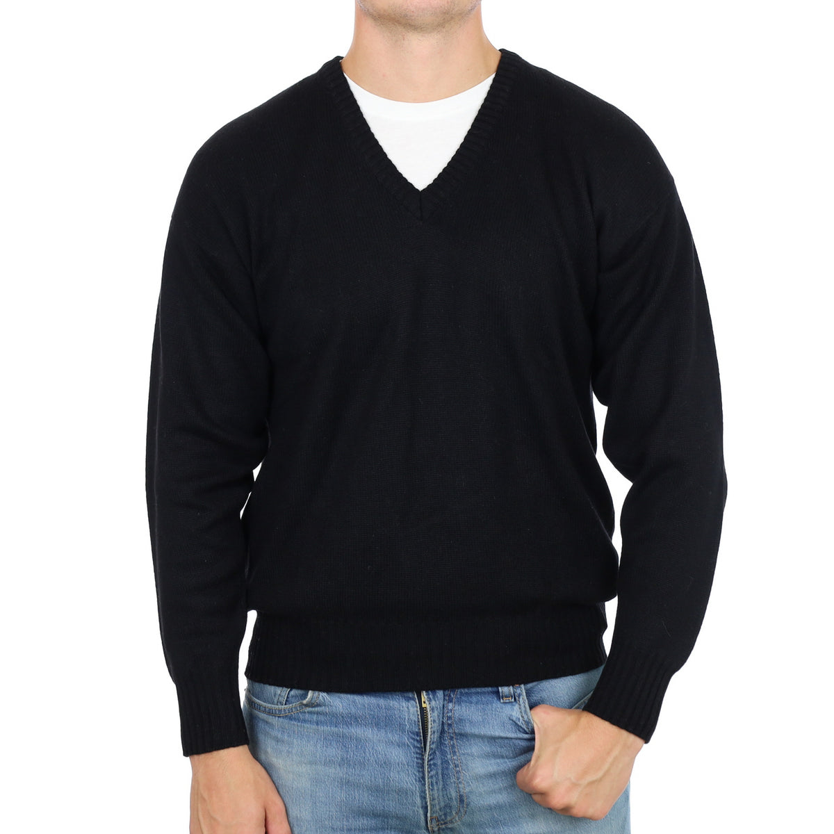 Men's Black Cashmere V Neck Jumper XL