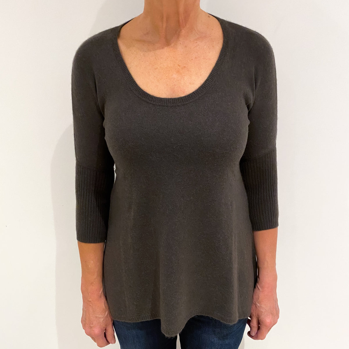 Mole Brown 3/4 Sleeve Cashmere Scoop Neck Jumper Medium