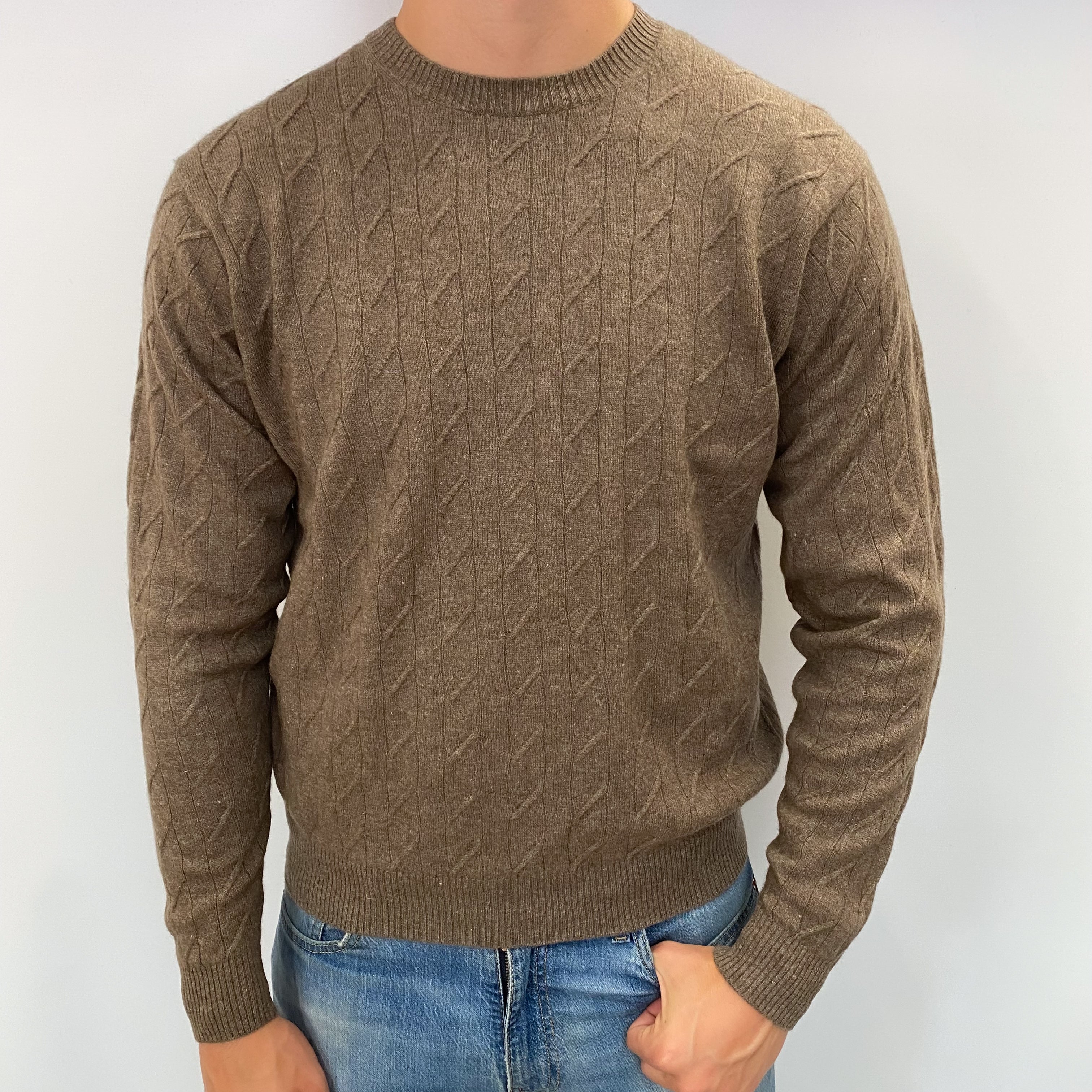 Men's Donkey Brown Cashmere Crew Neck Cable Knit Jumper XL