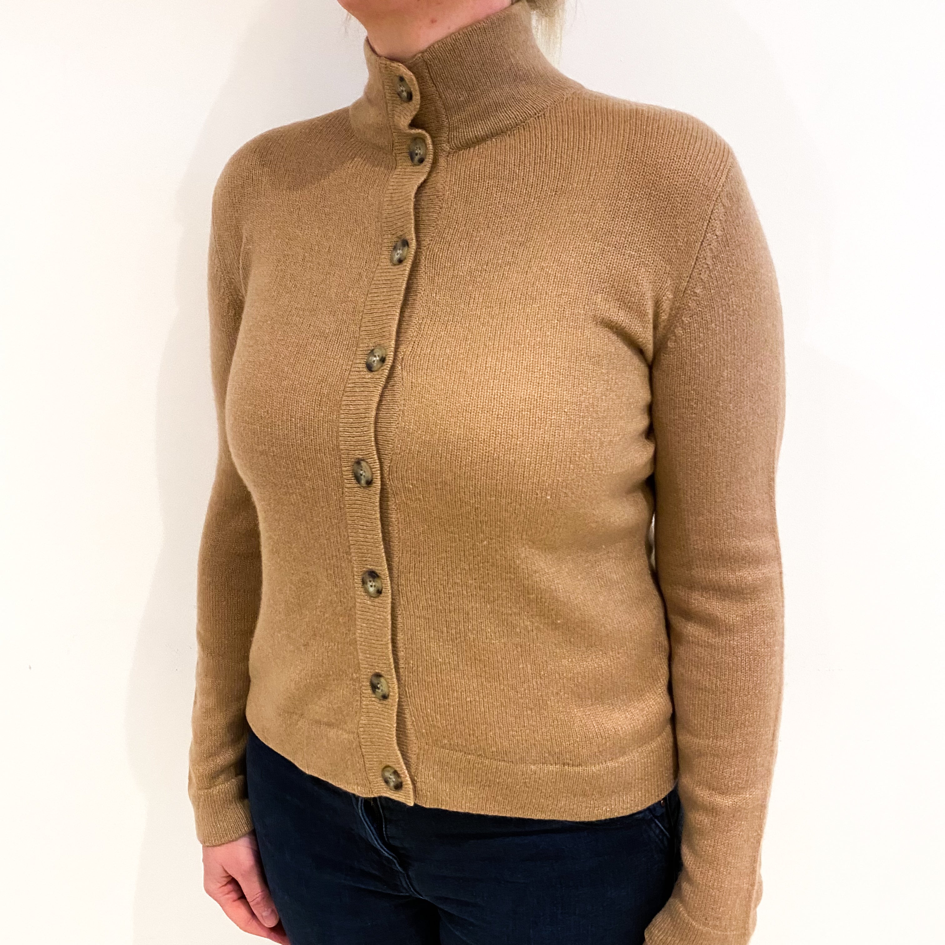 Camel Brown Cashmere Turtle Neck Cardigan Large