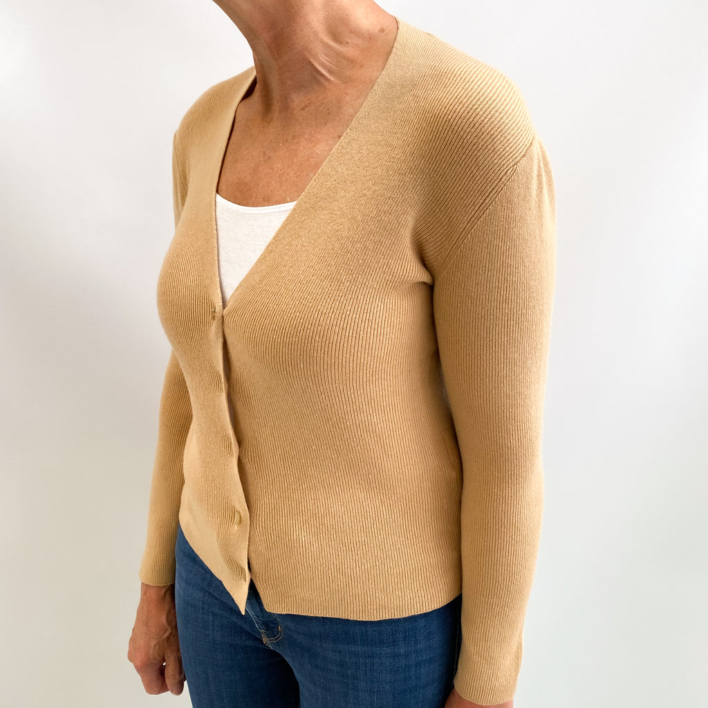 Camel Brown Cashmere V Neck Rib Cardigan Medium