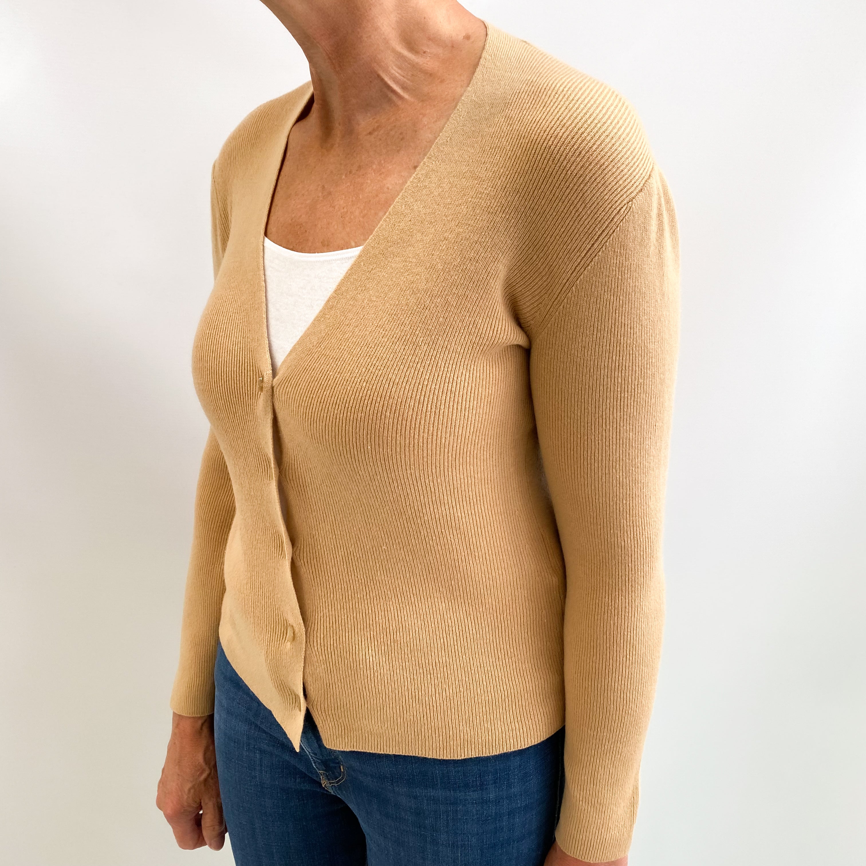 Camel Brown Cashmere V Neck Rib Cardigan Medium