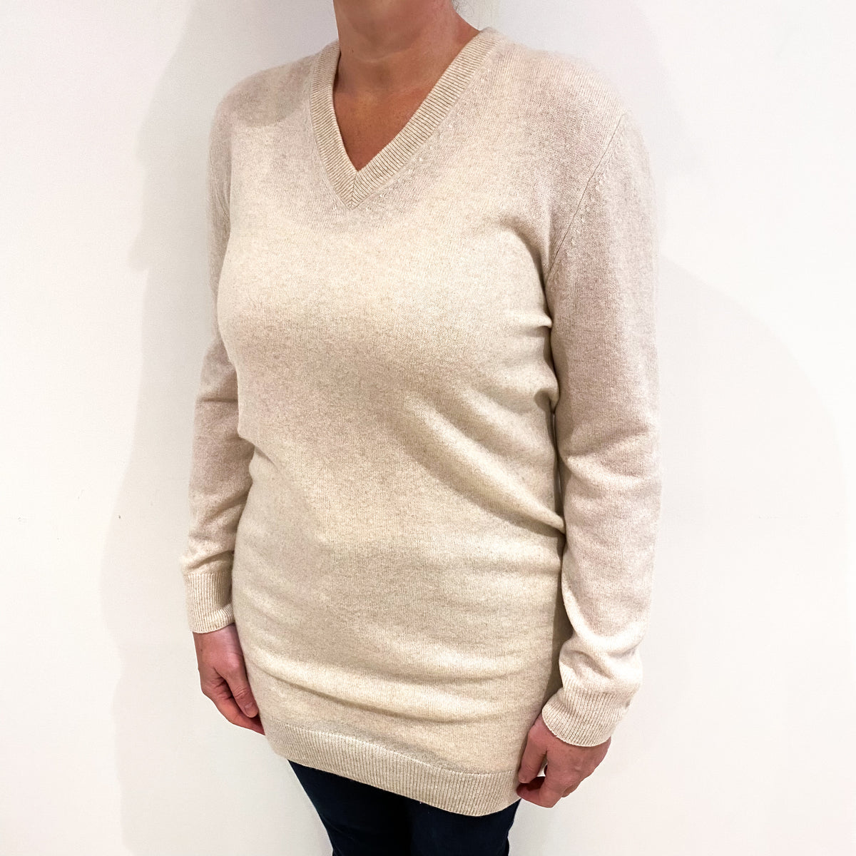 Oatmeal Cashmere V Neck Jumper with Elbow Patches Large