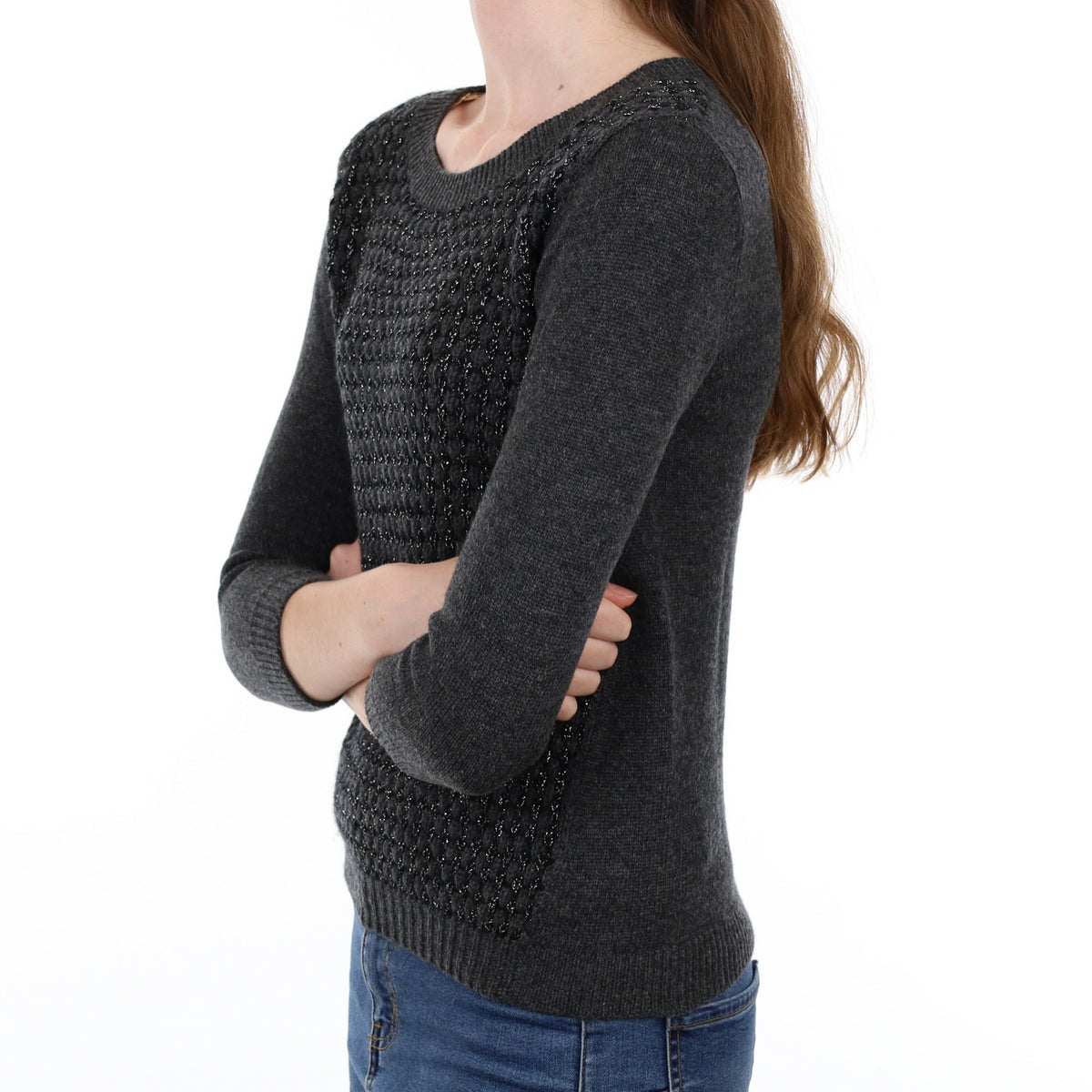 New Black and Grey Cashmere Crew Neck Jumper Extra Small