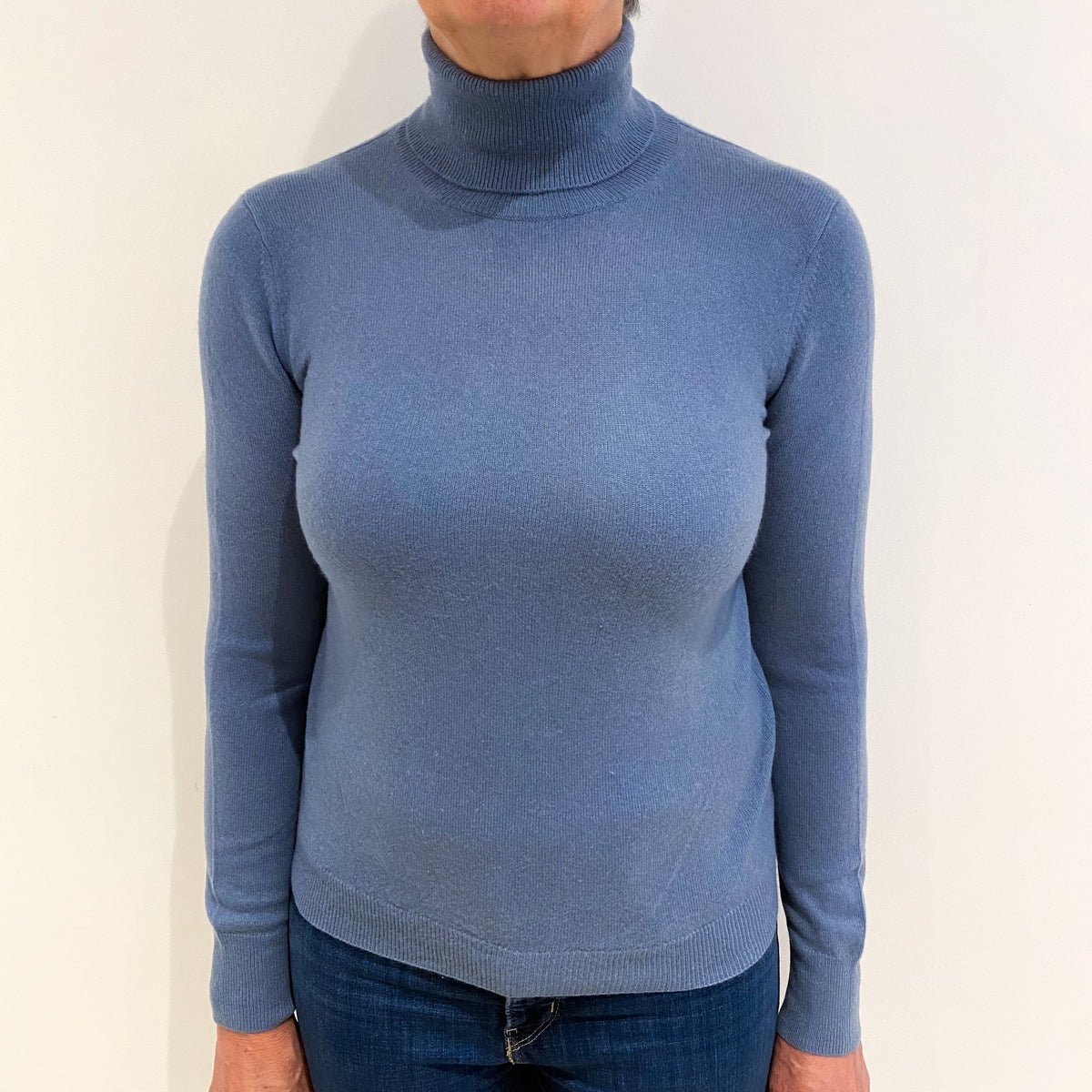 Dusty Blue Cashmere Polo Neck Jumper Medium