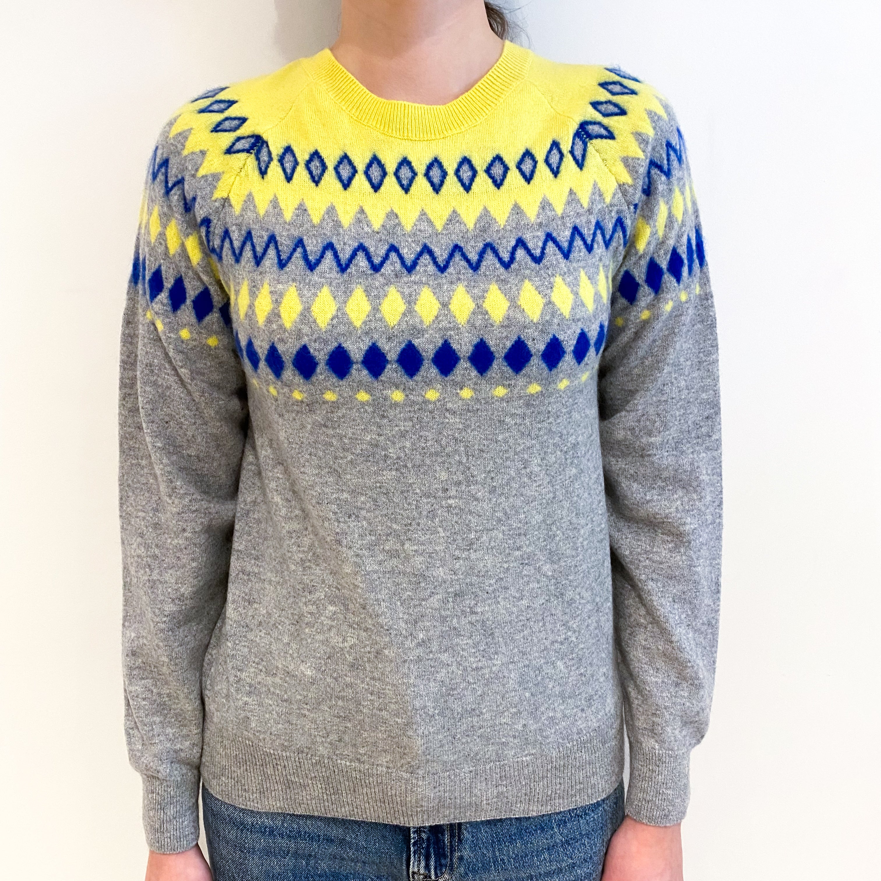 Grey and Yellow Patterned Cashmere Crew Neck Jumper Extra Small