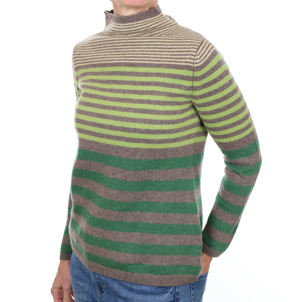 Green and Grey Stripe Cashmere Funnel Neck Jumper Small