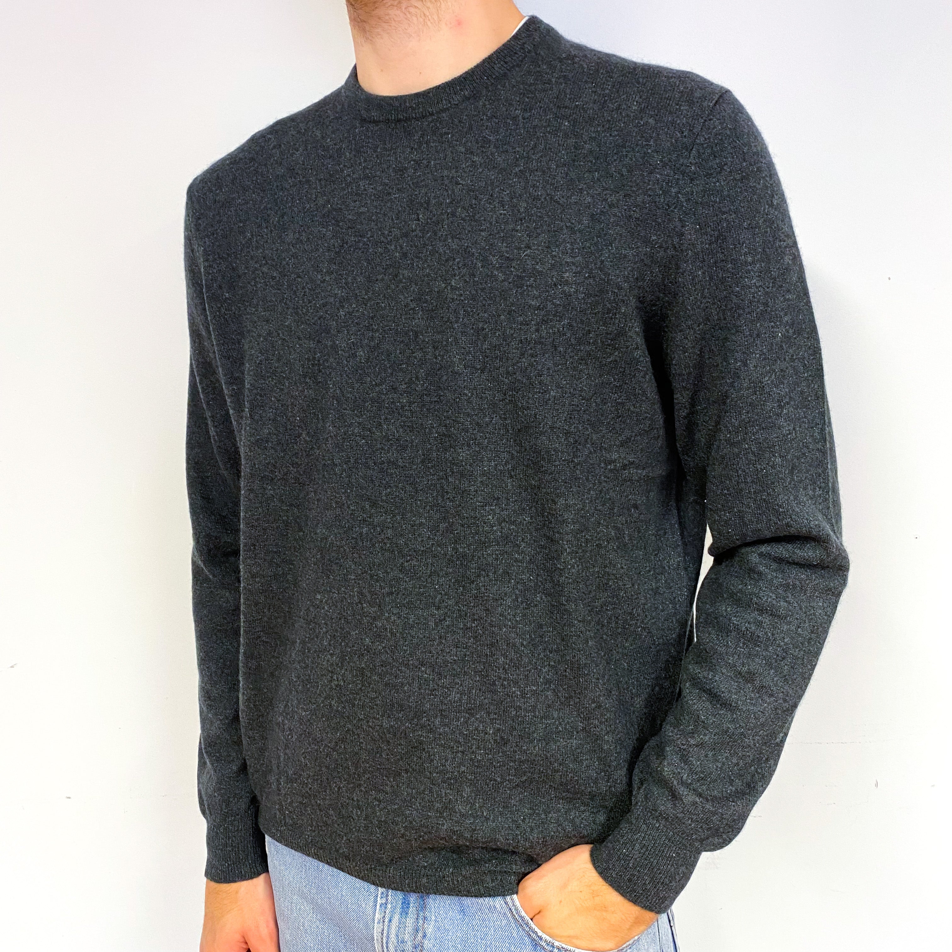 Men's Charcoal Grey Cashmere Crew Neck Jumper Large