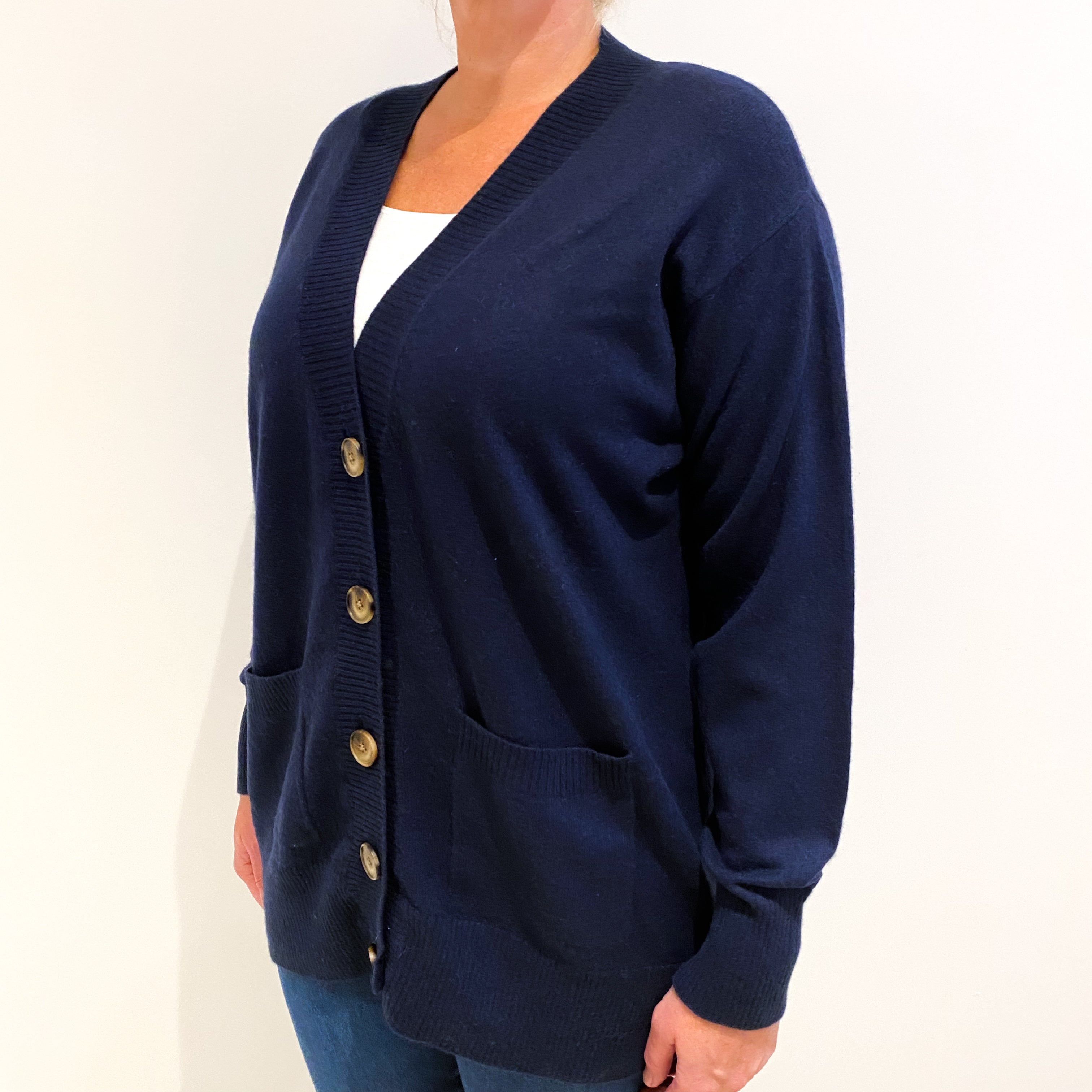 Navy Blue Cashmere V-Neck Cardigan Large