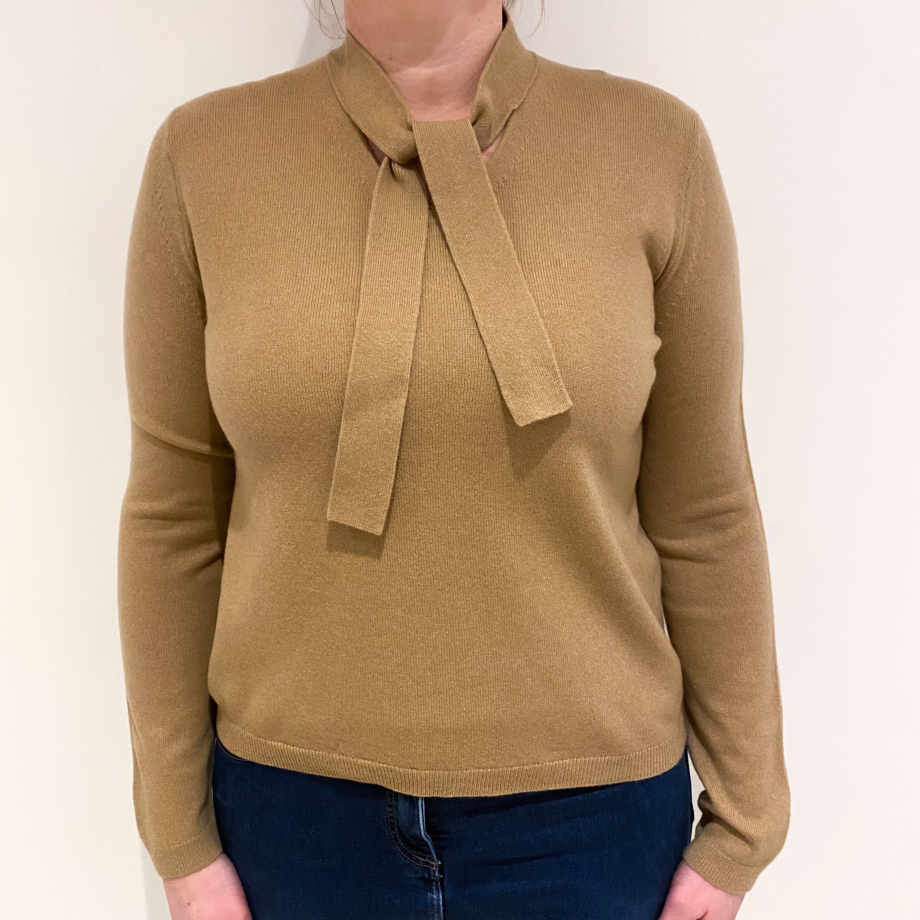 Camel Brown Cashmere Neck Tie Jumper Large