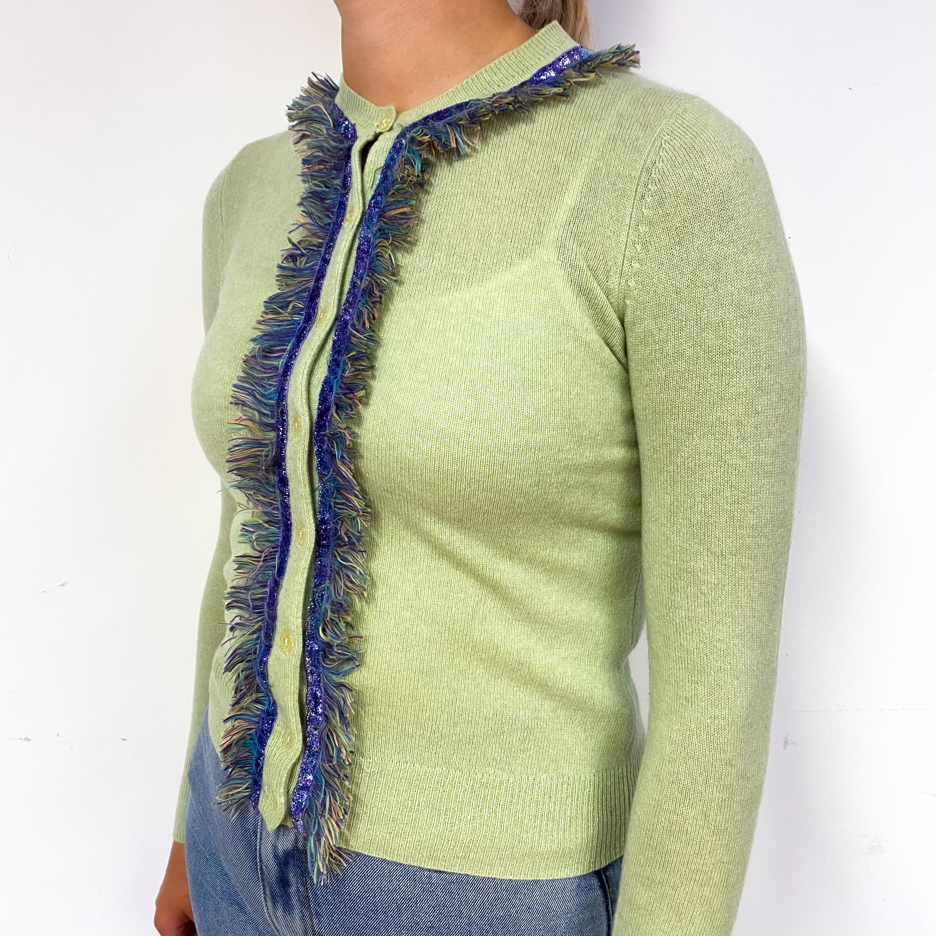 Lime Green Fringed Cashmere Cardigan Small