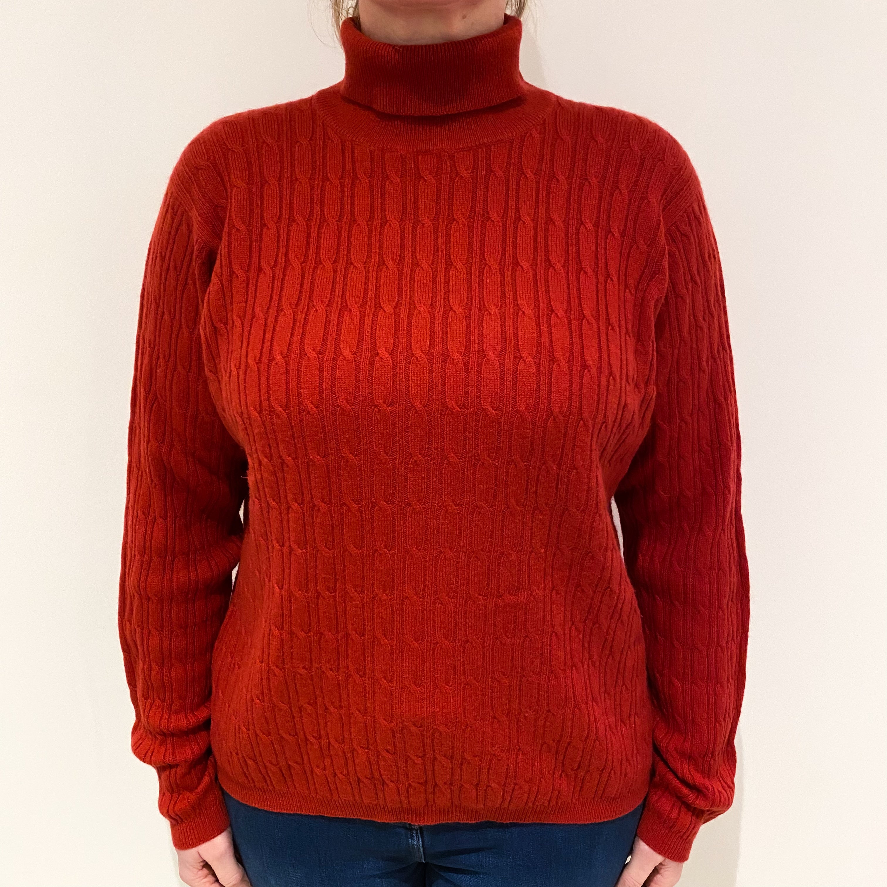 Rust Red Cable Cashmere Polo Neck Jumper Large