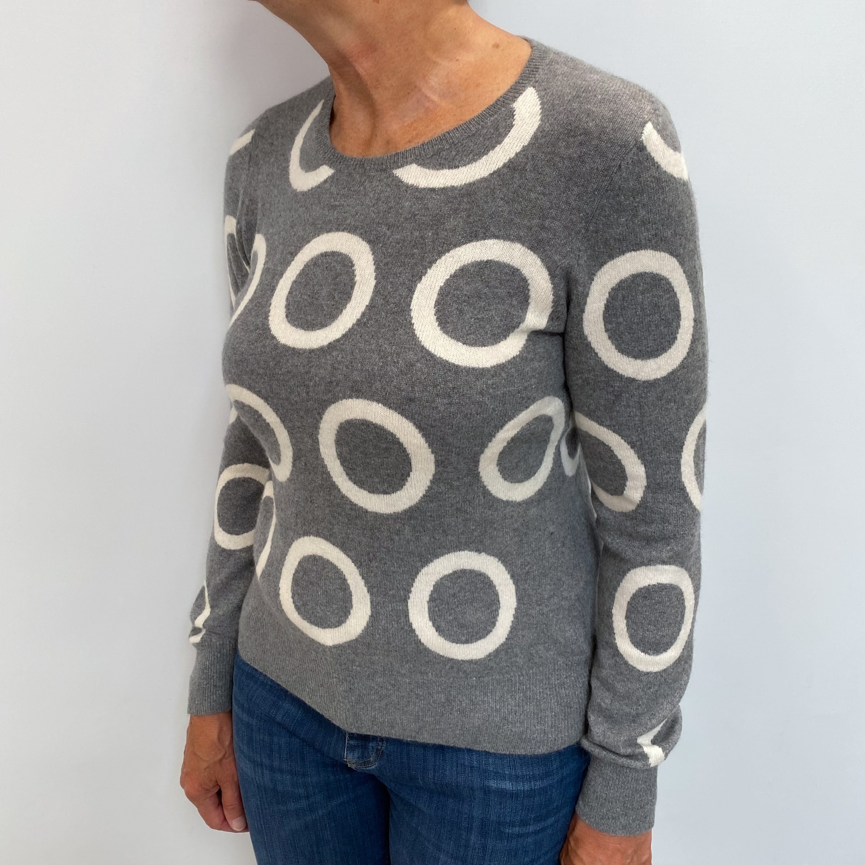 Ash Grey Patterned Cashmere Crew Neck Jumper Medium