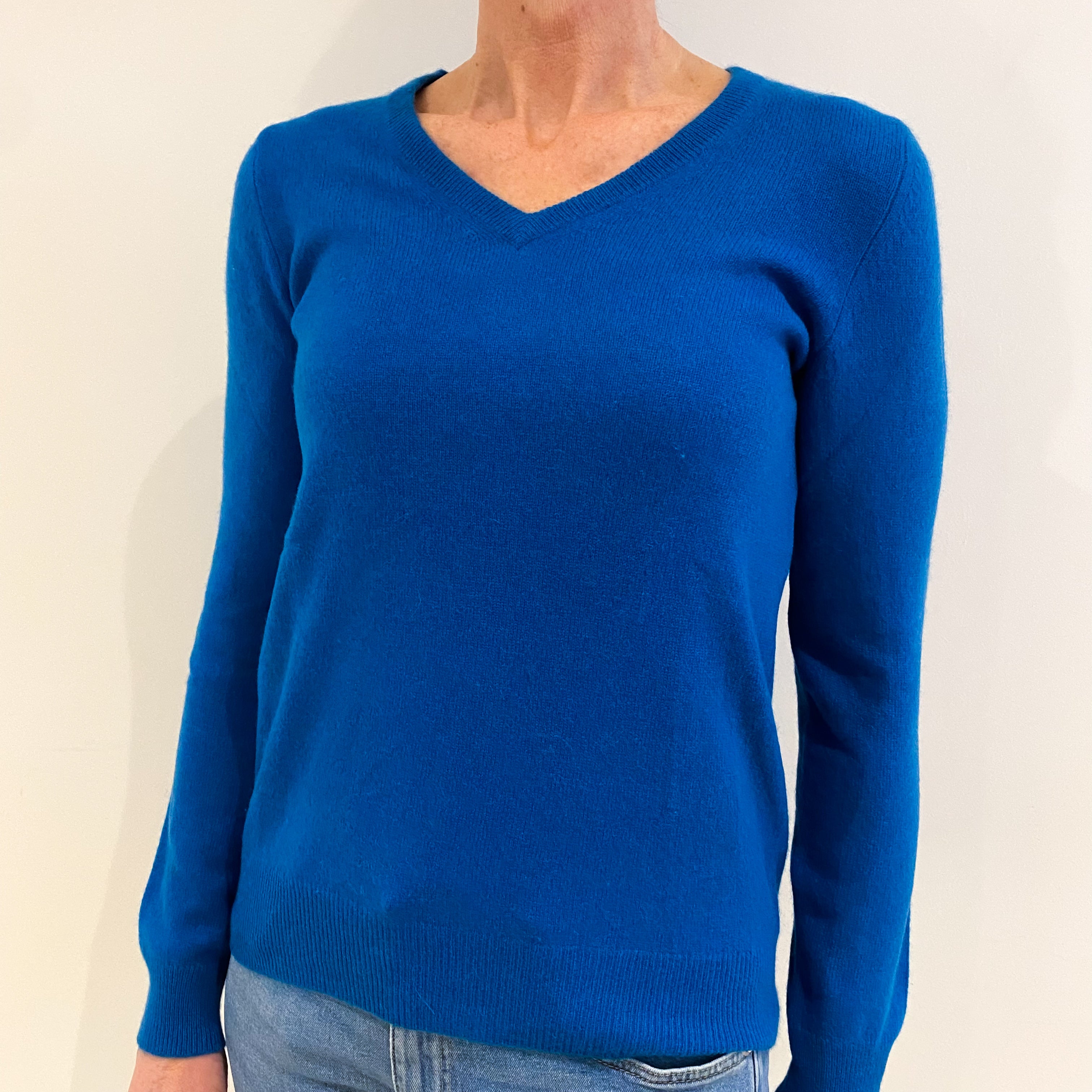 Peacock Blue Cashmere V Neck Jumper Small