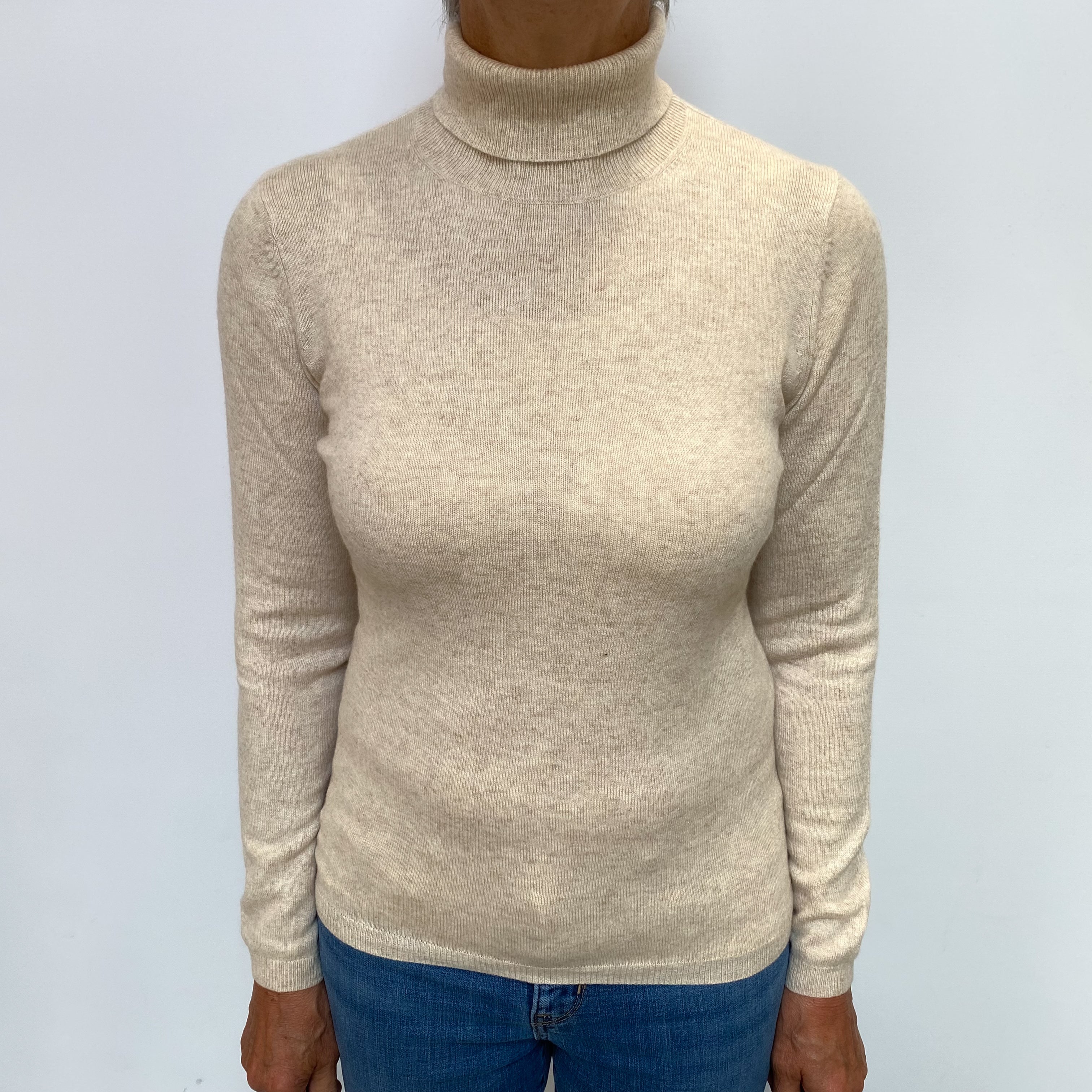 Sand Beige Cashmere Polo Neck Jumper Medium