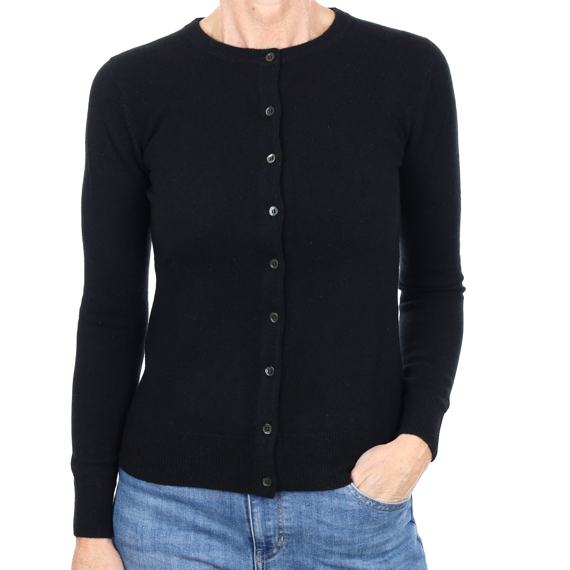 New Black Cashmere Crew Neck Cardigan Small