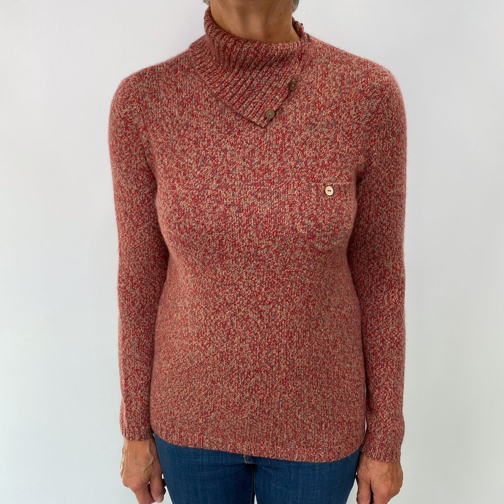 Red Grey Marl Cashmere Split Polo Neck Jumper Medium