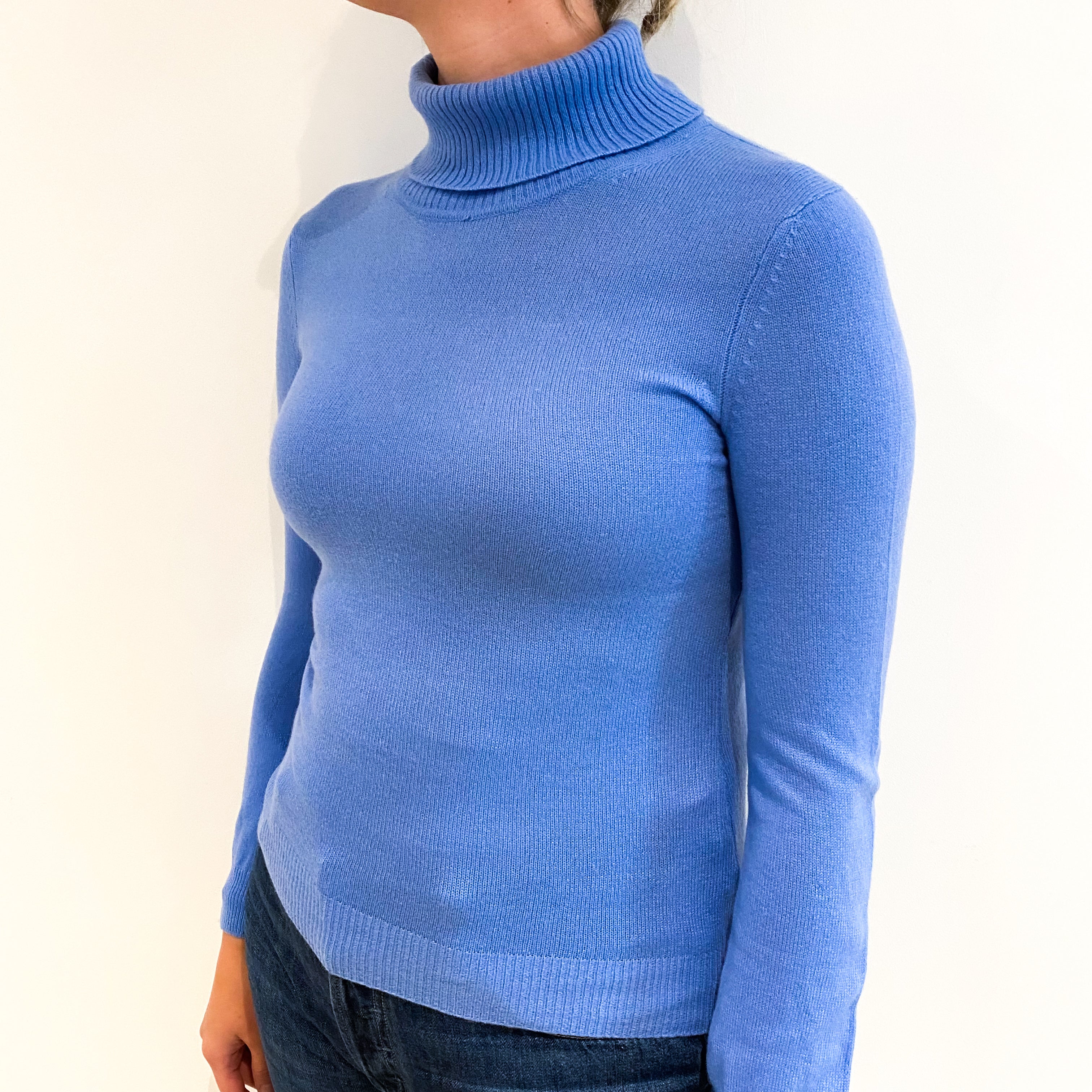Cornflower Blue Lightweight Cashmere Polo Neck Jumper Small