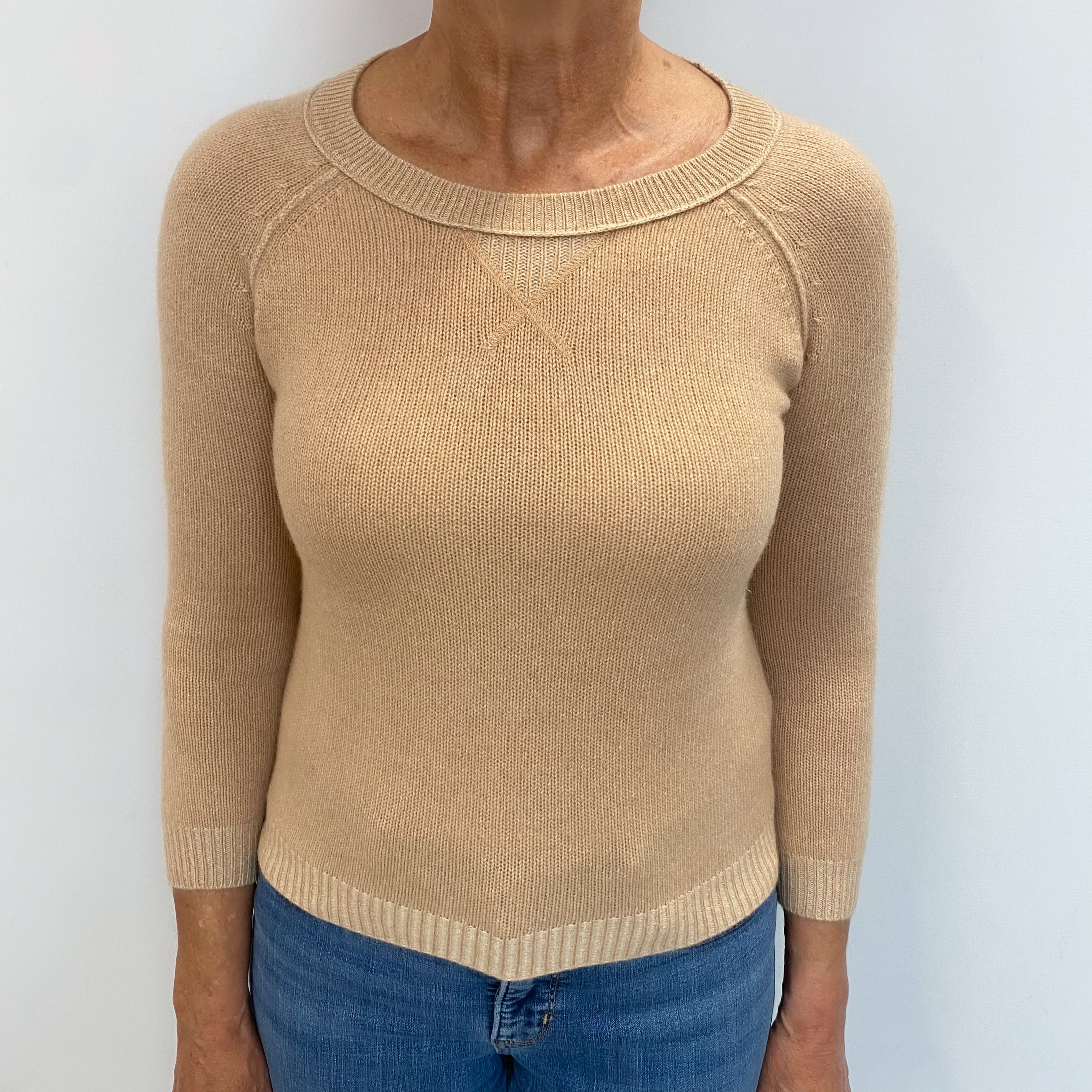Camel Brown Cashmere Crew Neck Jumper Medium