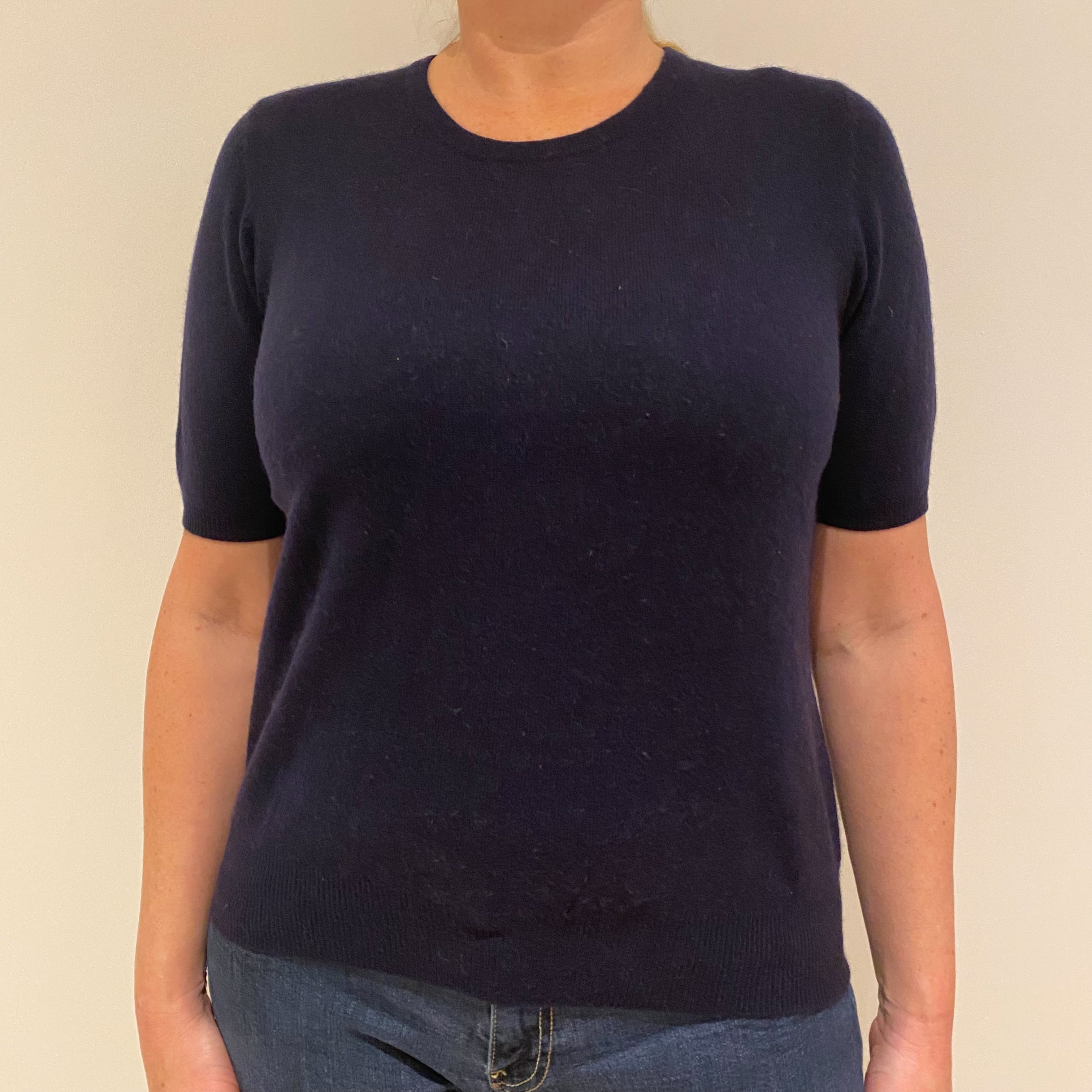 Navy Blue Short Sleeved Cashmere Crew Neck Jumper Large
