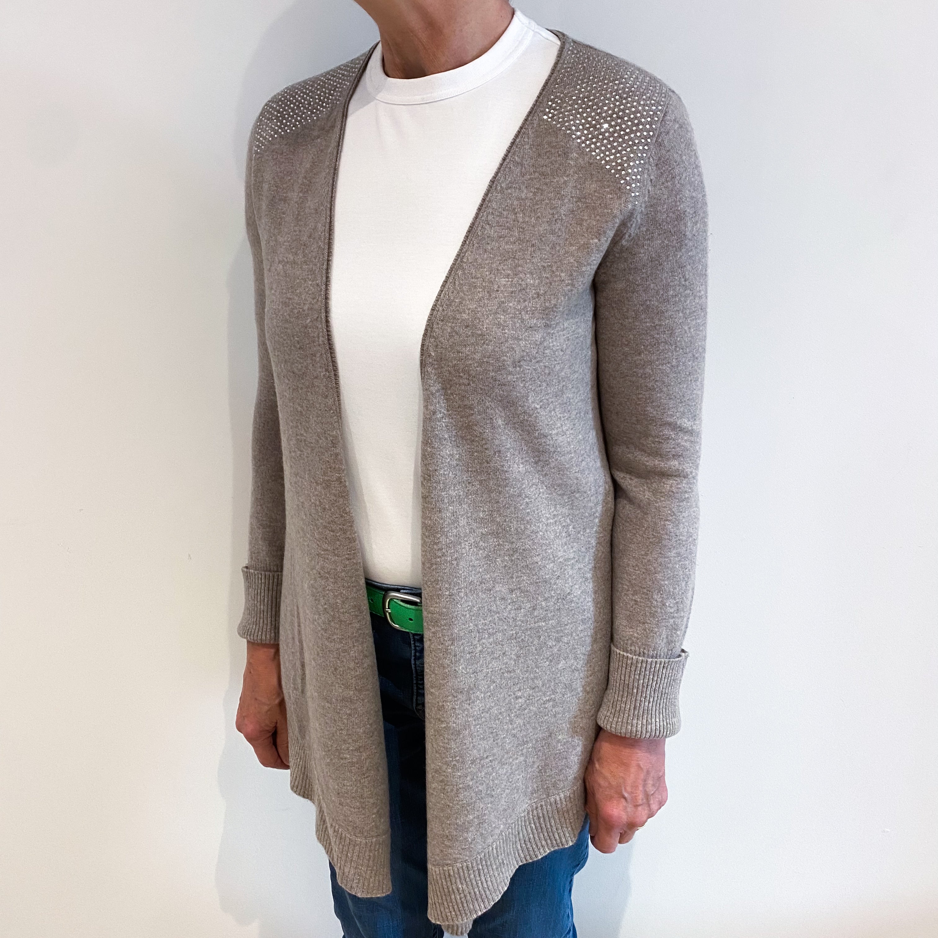 Mink Brown Diamanté Cashmere Edge to Edge Cardigan Medium