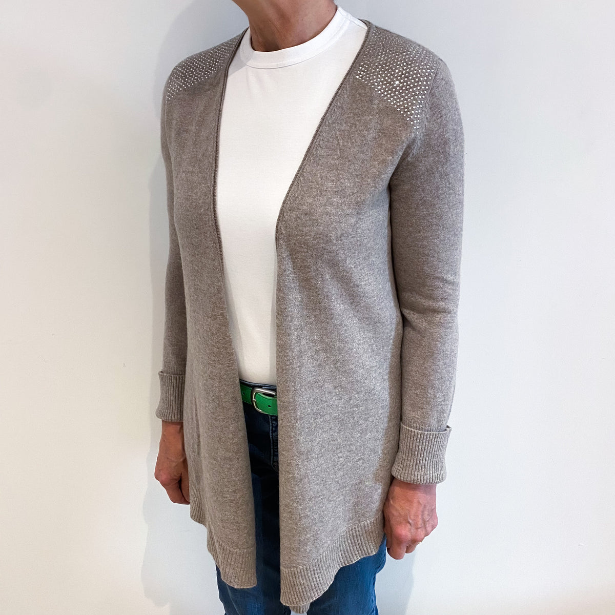 Mink Brown Diamanté Cashmere Edge to Edge Cardigan Medium