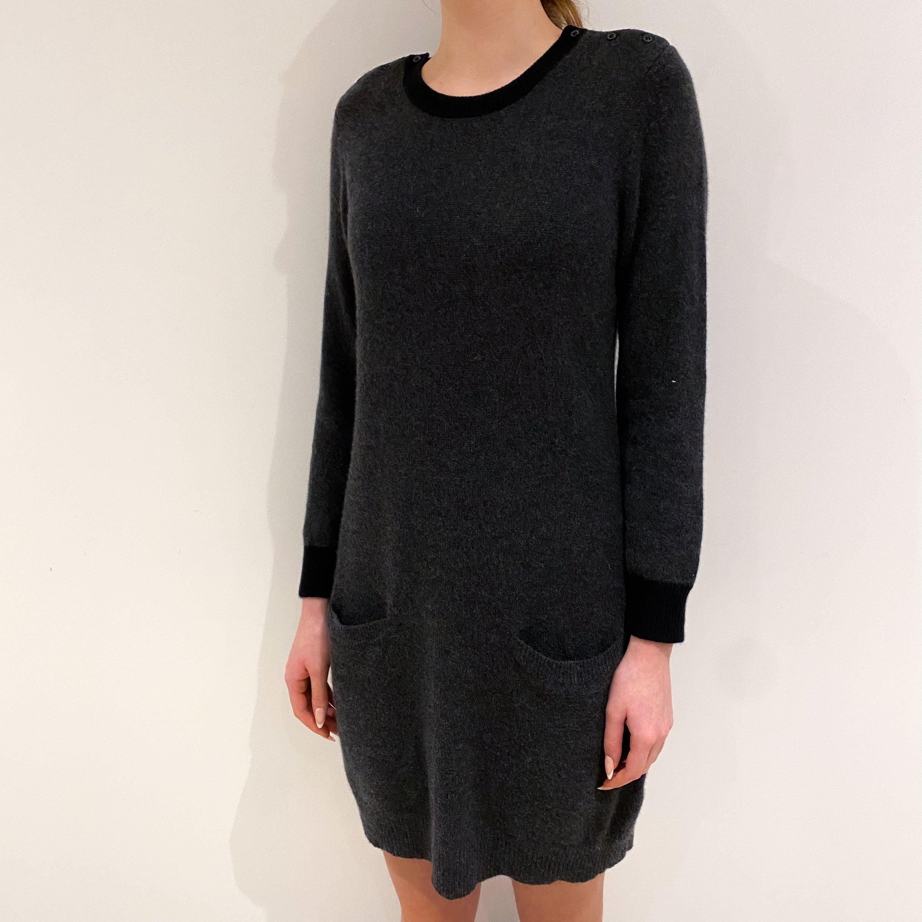 Charcoal Grey Cashmere Crew Neck Dress with Pockets Extra Small