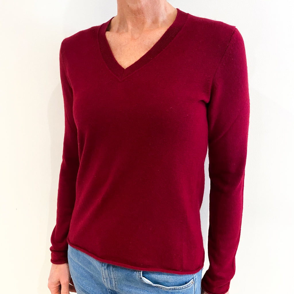 Crimson Red Cashmere V Neck Jumper Small