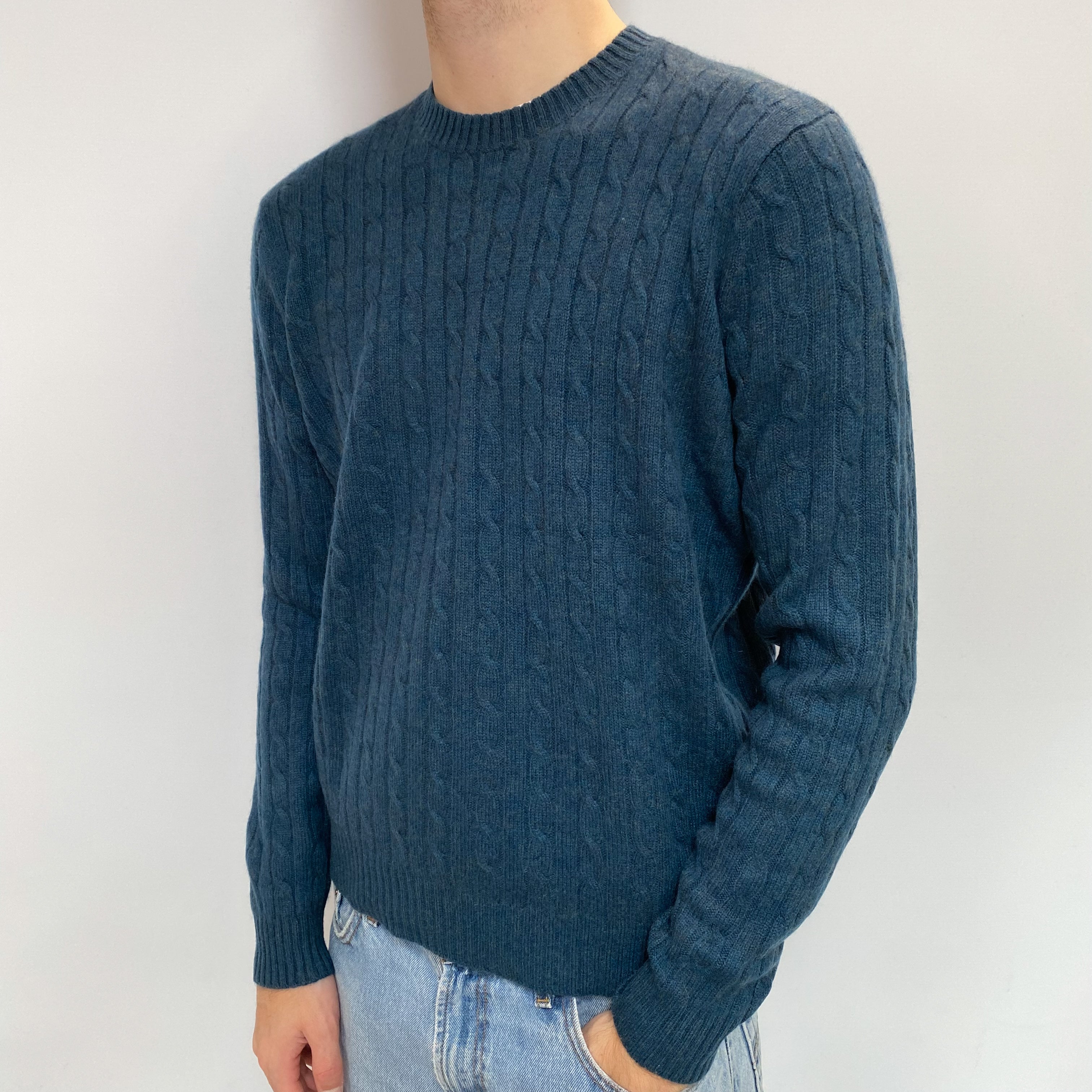 Men's Petrol Blue Cable Cashmere Crew Neck Jumper Large