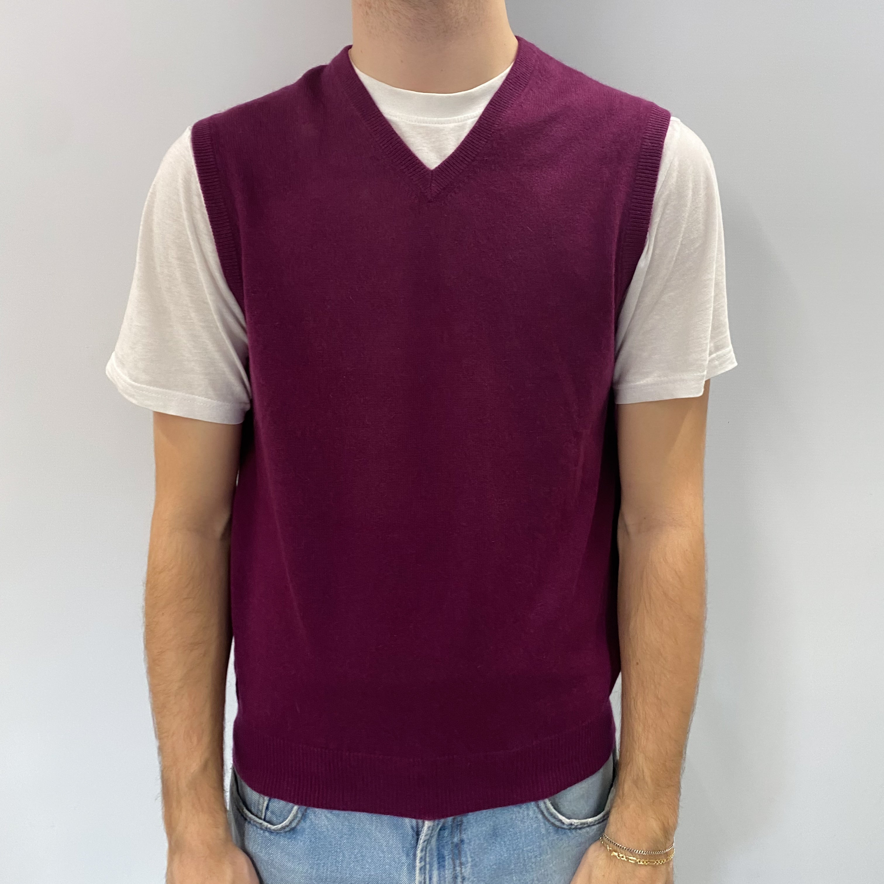 Men's Fig Purple Cashmere V Neck Tank Top Medium