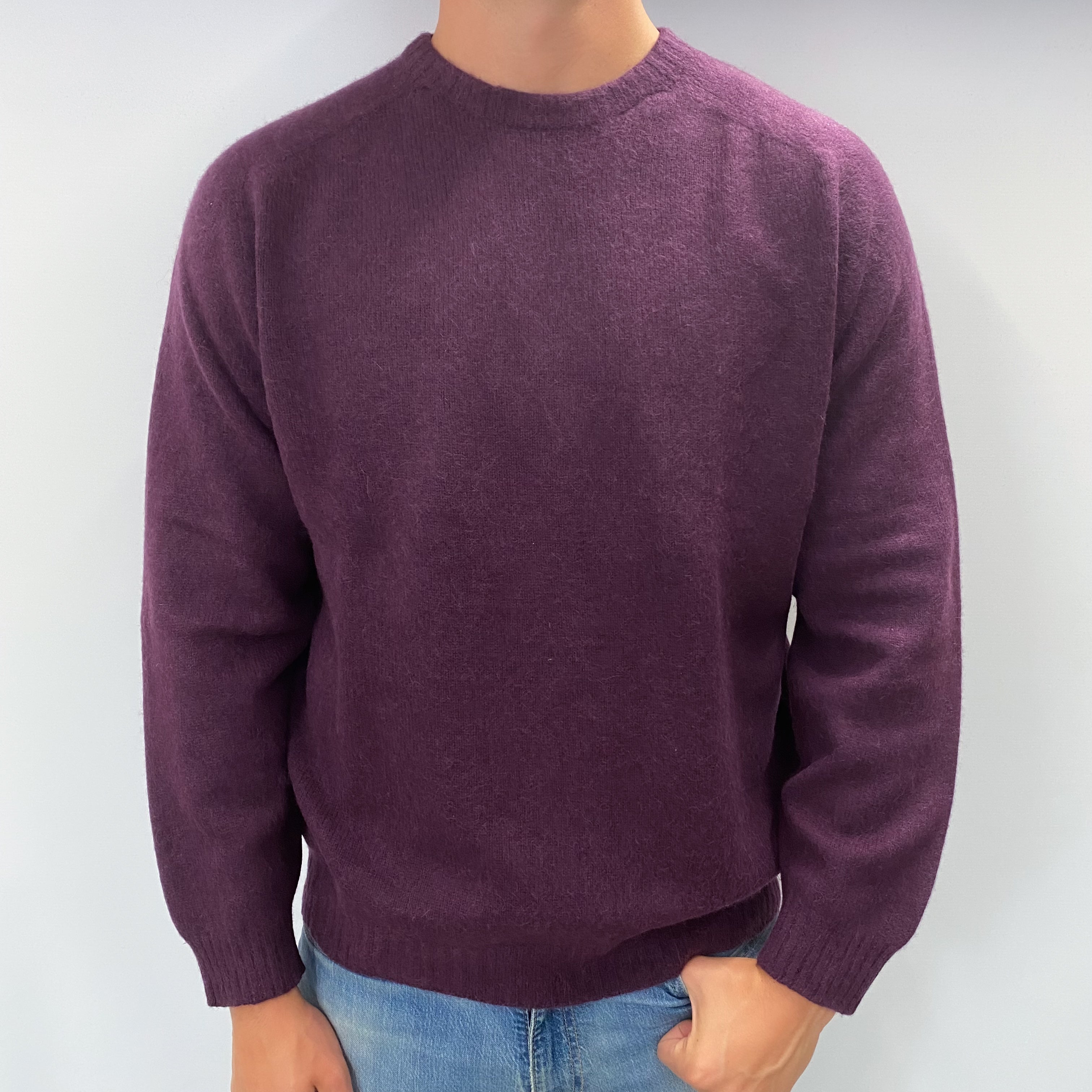 Men's Italian Aubergine Purple Cashmere Crew Neck Jumper XL