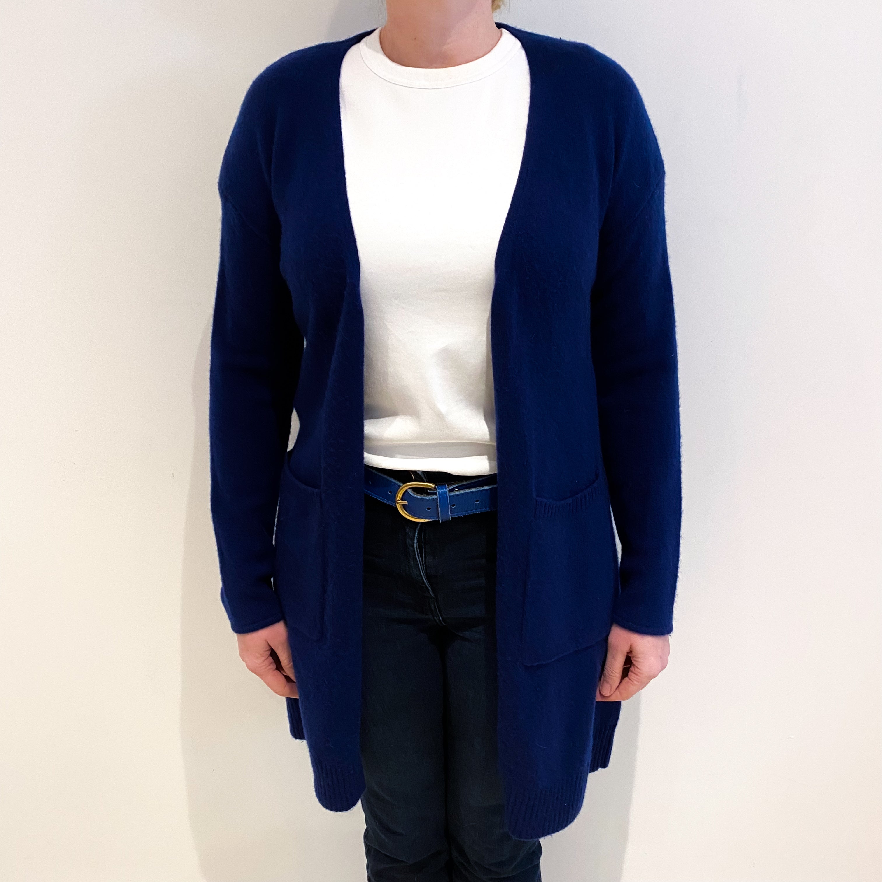 French Navy Cashmere Edge To Edge Cardigan With Pockets Large