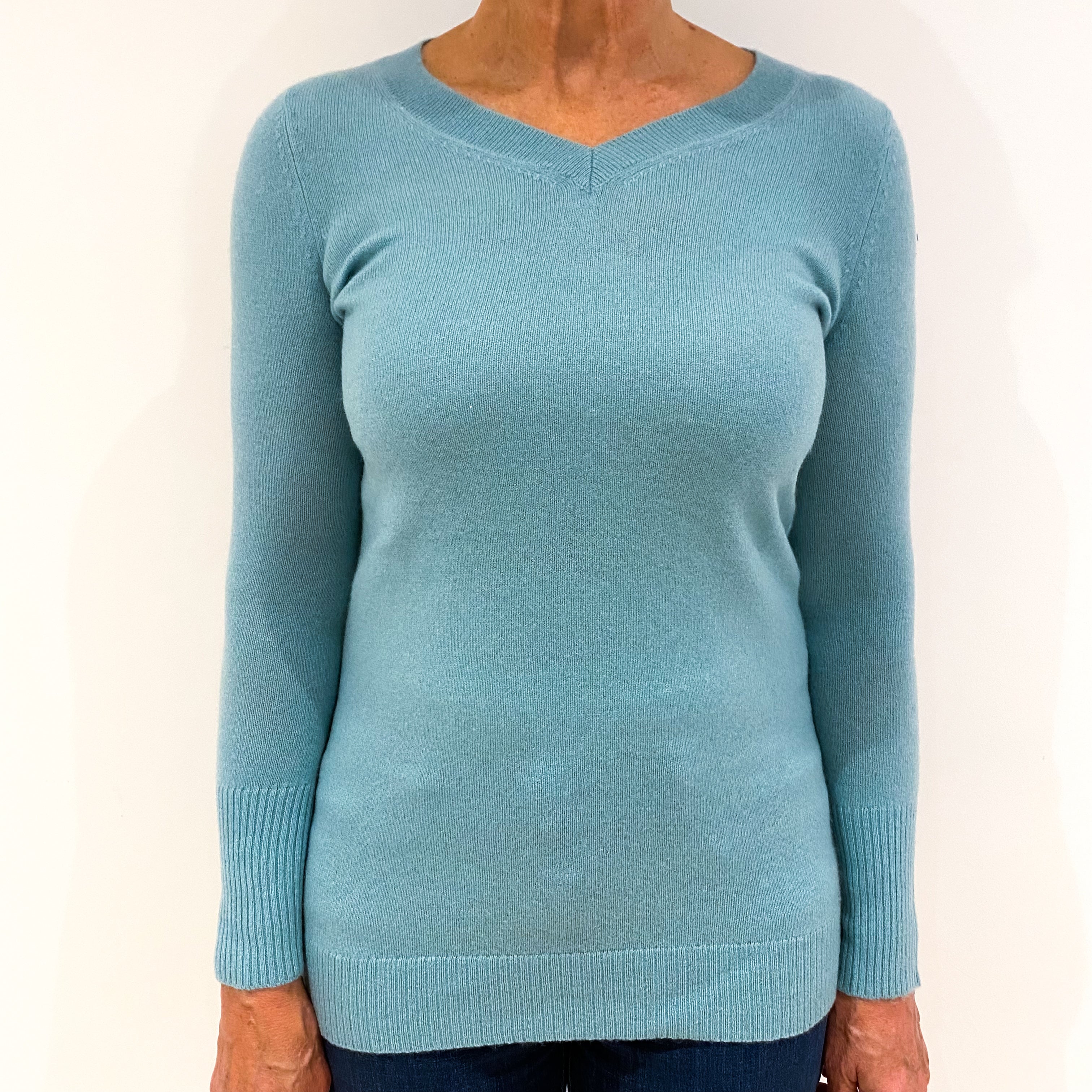 Muted Aqua Blue Cashmere V-Neck Tunic Style Jumper Medium