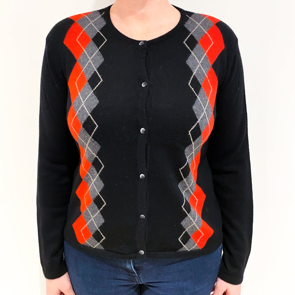 Black and Red Diamond Cashmere Crew Neck Cardigan Large