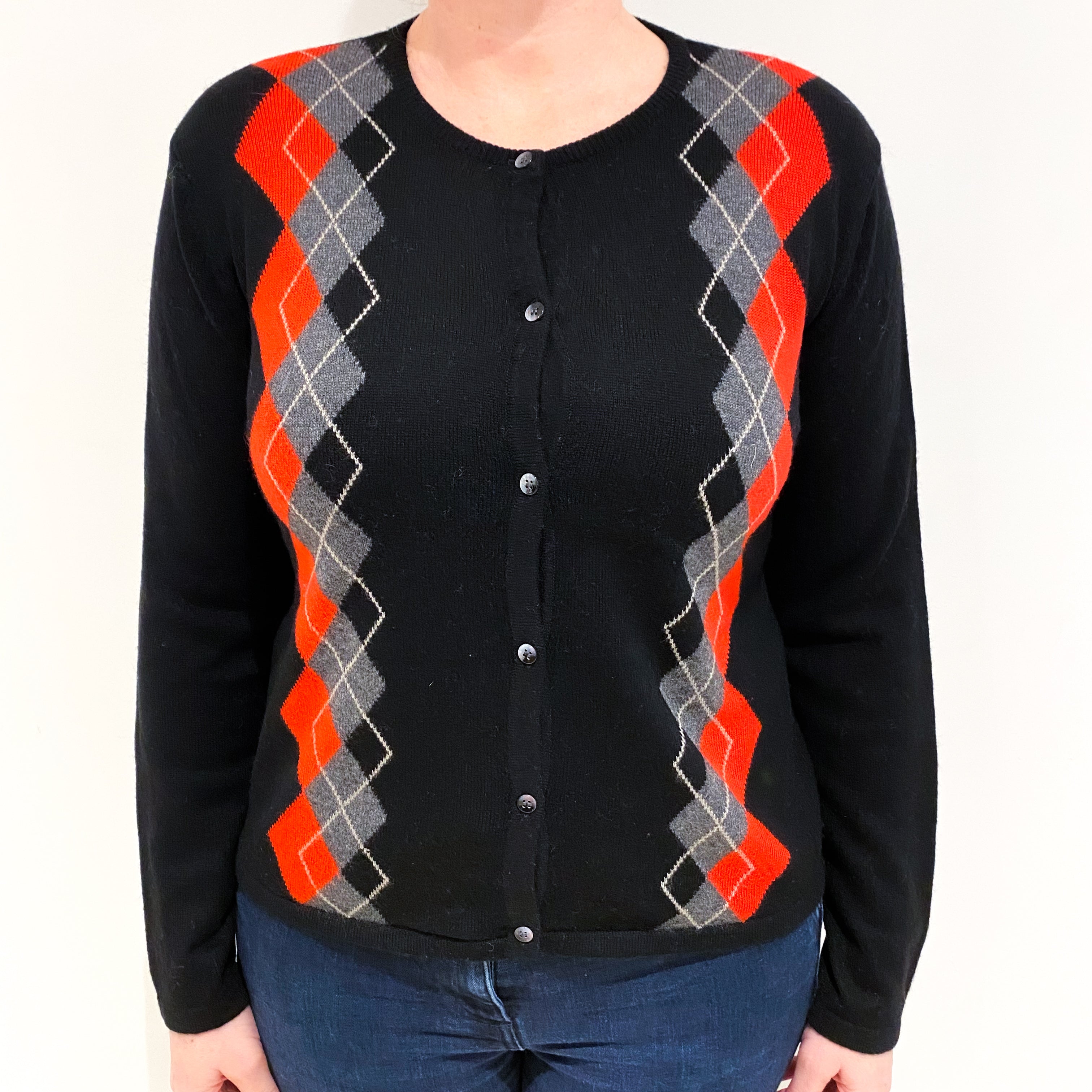 Black and Red Diamond Cashmere Crew Neck Cardigan Large