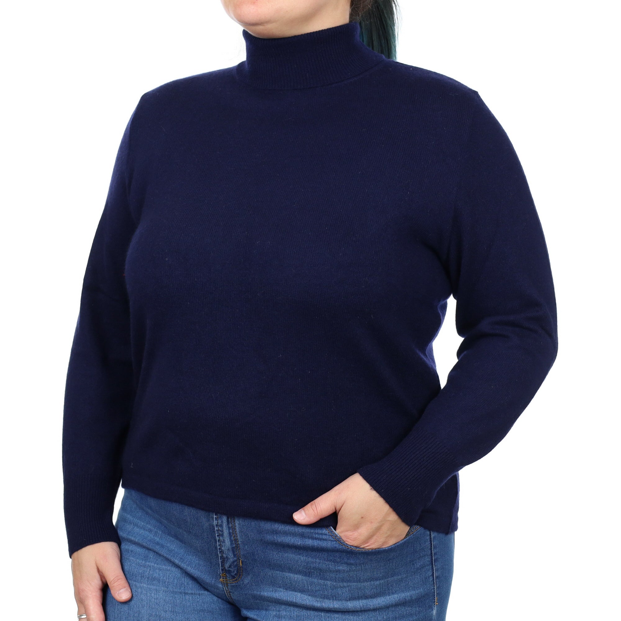 Navy Blue Cashmere Polo Neck Jumper Large