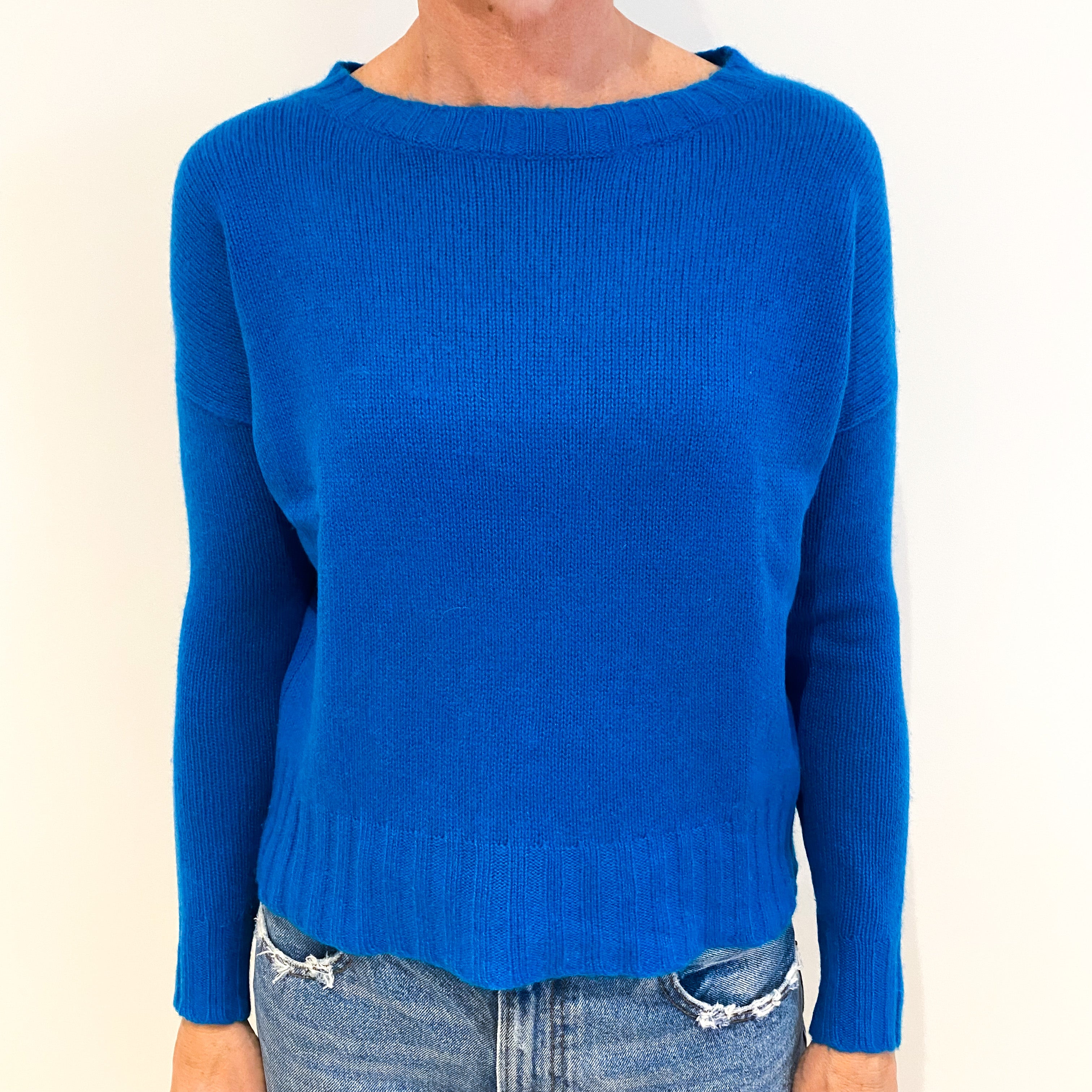 Peacock Blue Cashmere Boxy Crew Neck Jumper Small