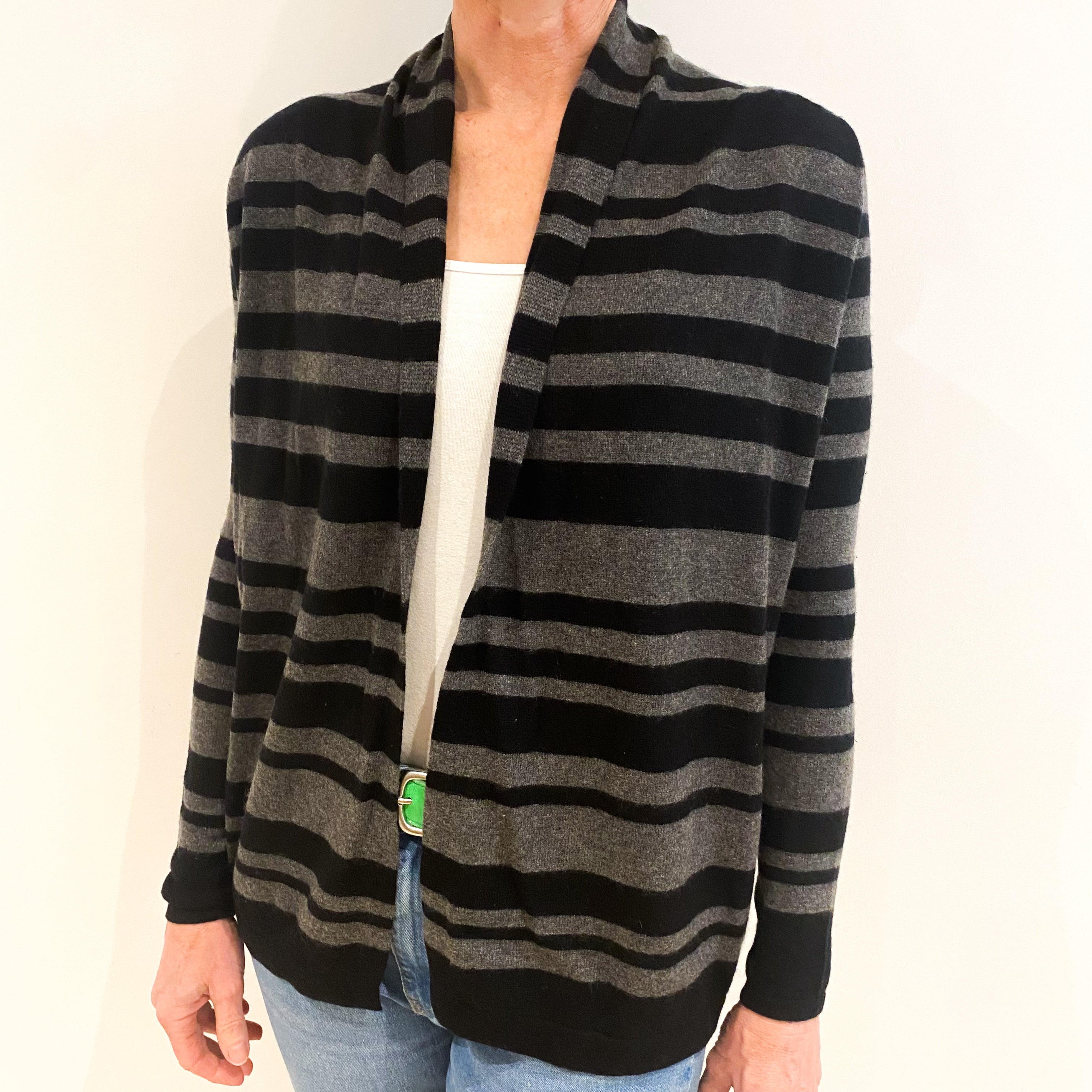Grey And Black Stripe Cashmere Edge To Edge Cardigan Small