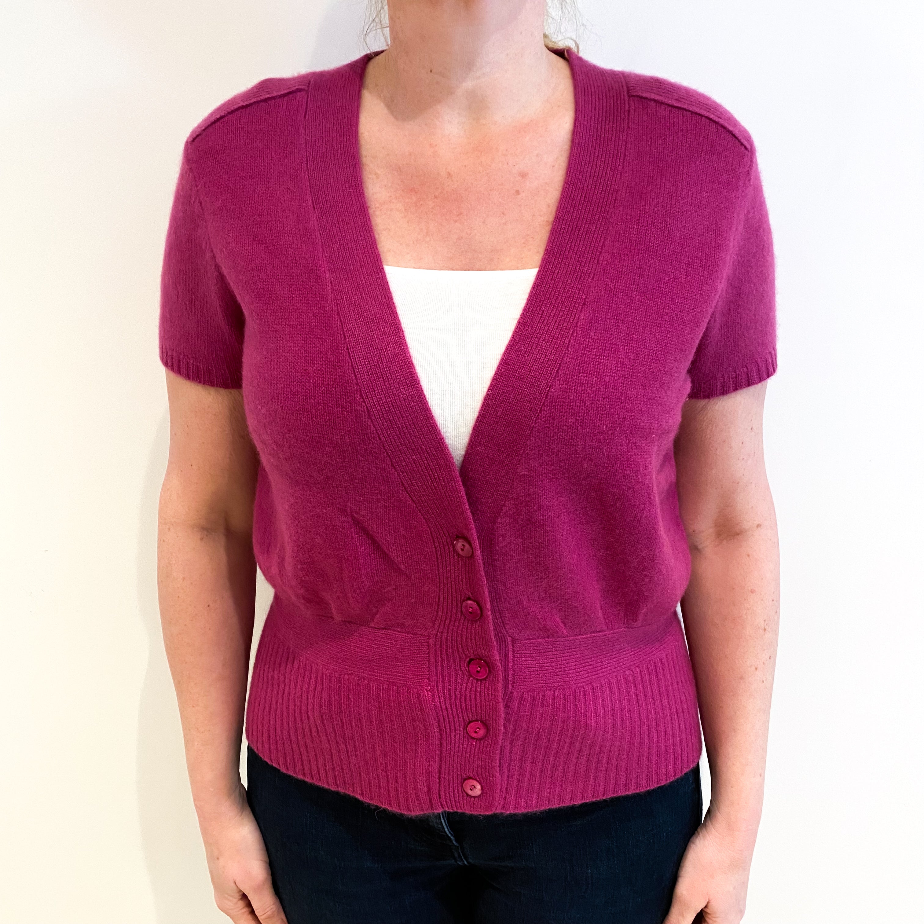 Magenta Purple Cashmere Short Sleeve V Neck Cardigan Large
