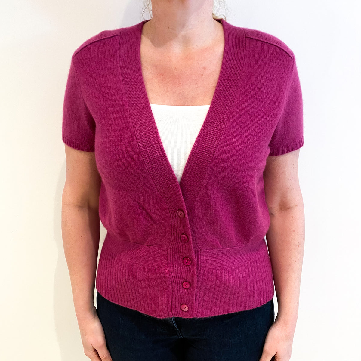 Magenta Purple Cashmere Short Sleeve V Neck Cardigan Large