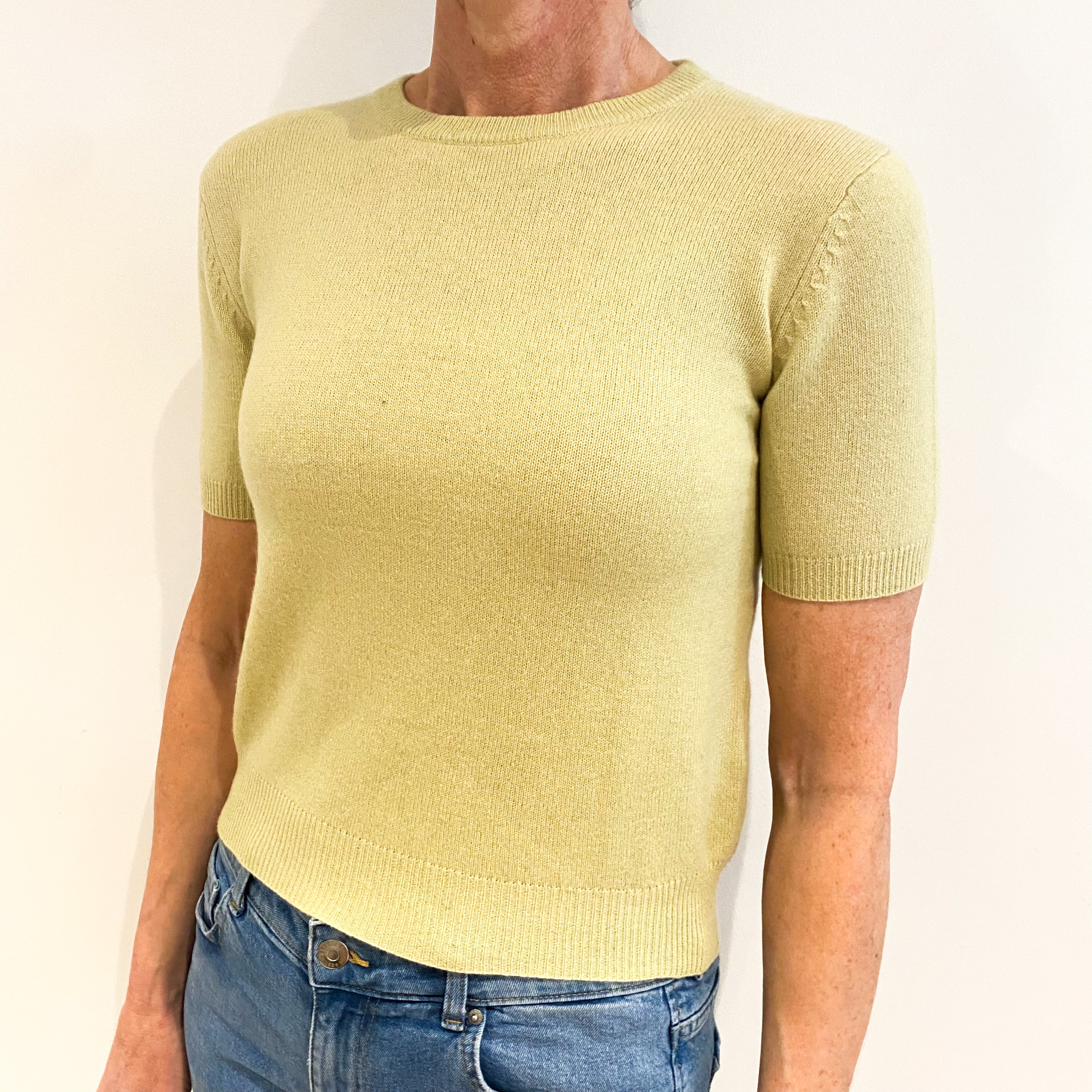 Pistachio Green Cashmere Crew Neck Short Sleeved Jumper Small