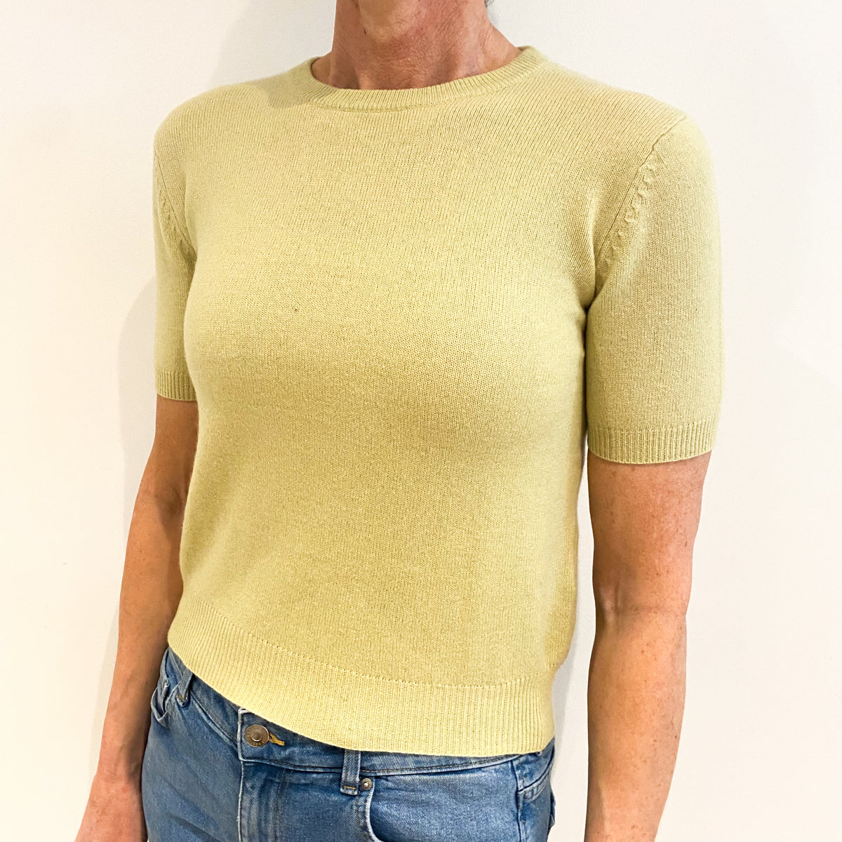 Pistachio Green Cashmere Crew Neck Short Sleeved Jumper Small
