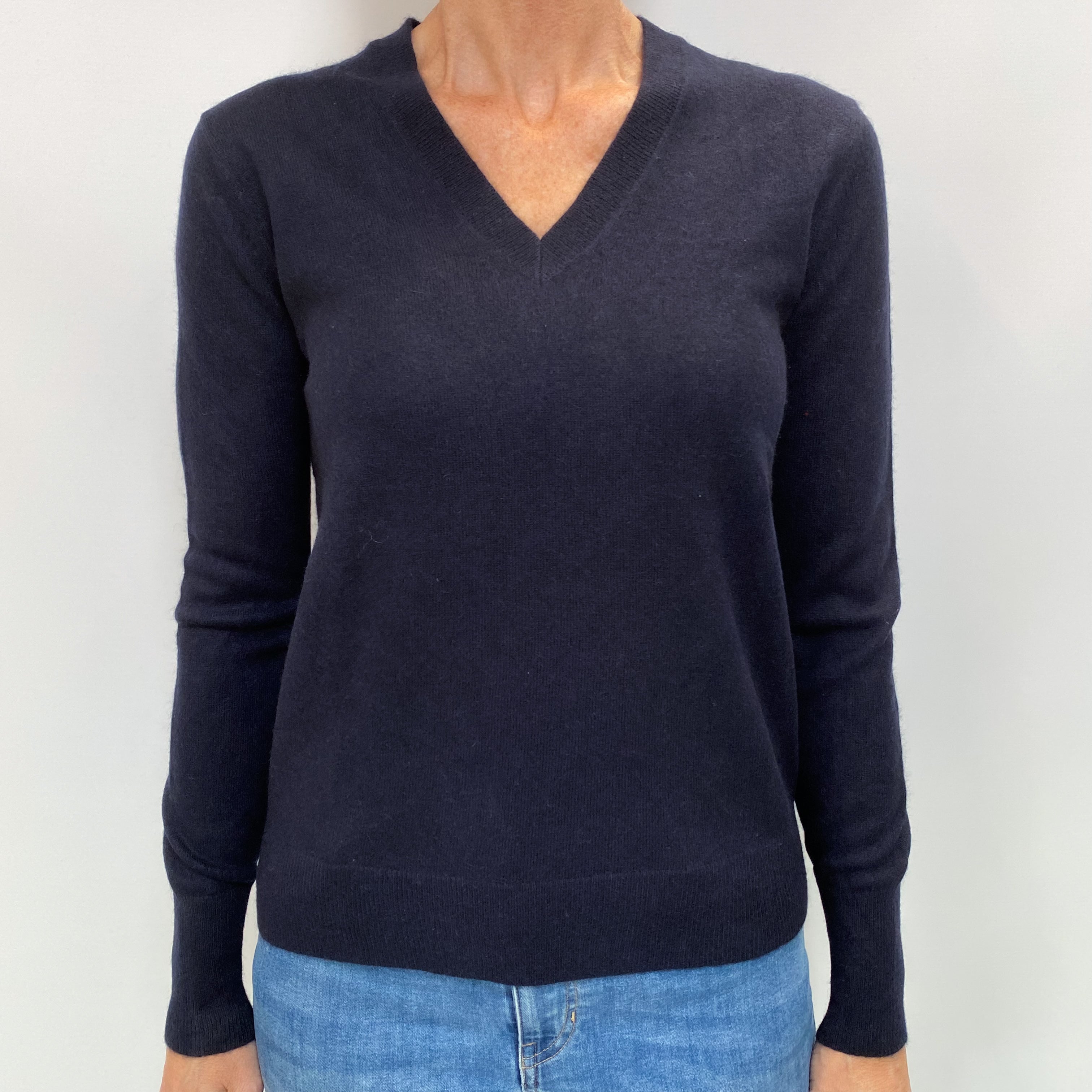 Navy Blue Cashmere V Neck Jumper Small