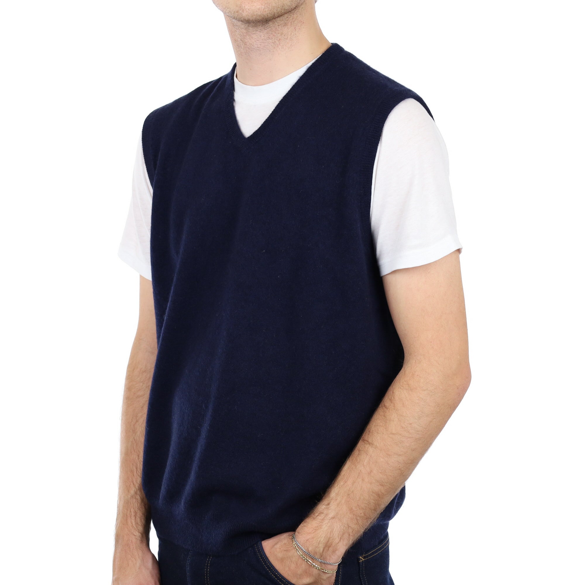 Men's Navy Blue Cashmere V Neck Tank Top Large