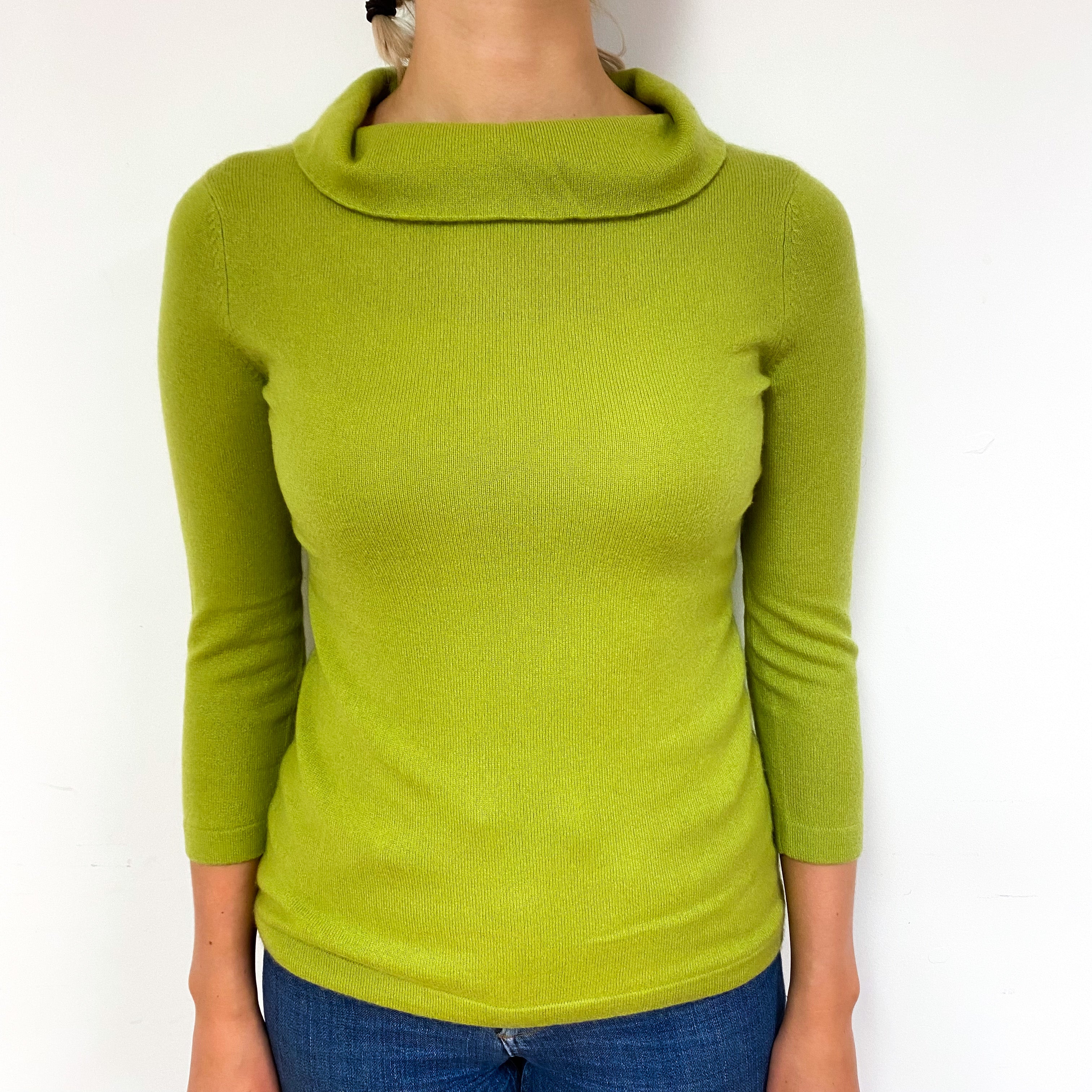 Lime Green 3/4 Sleeve Cashmere Funnel Neck Jumper Small